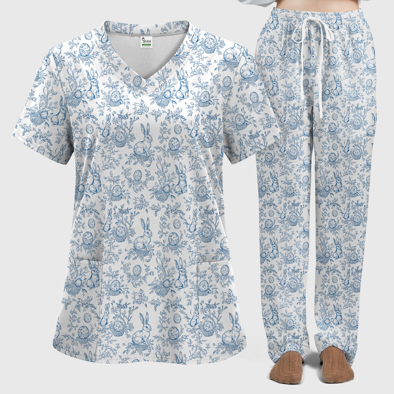 Easter Bunny Floral Egg Toile Pattern Design Print Set, Women's Scrub Sets