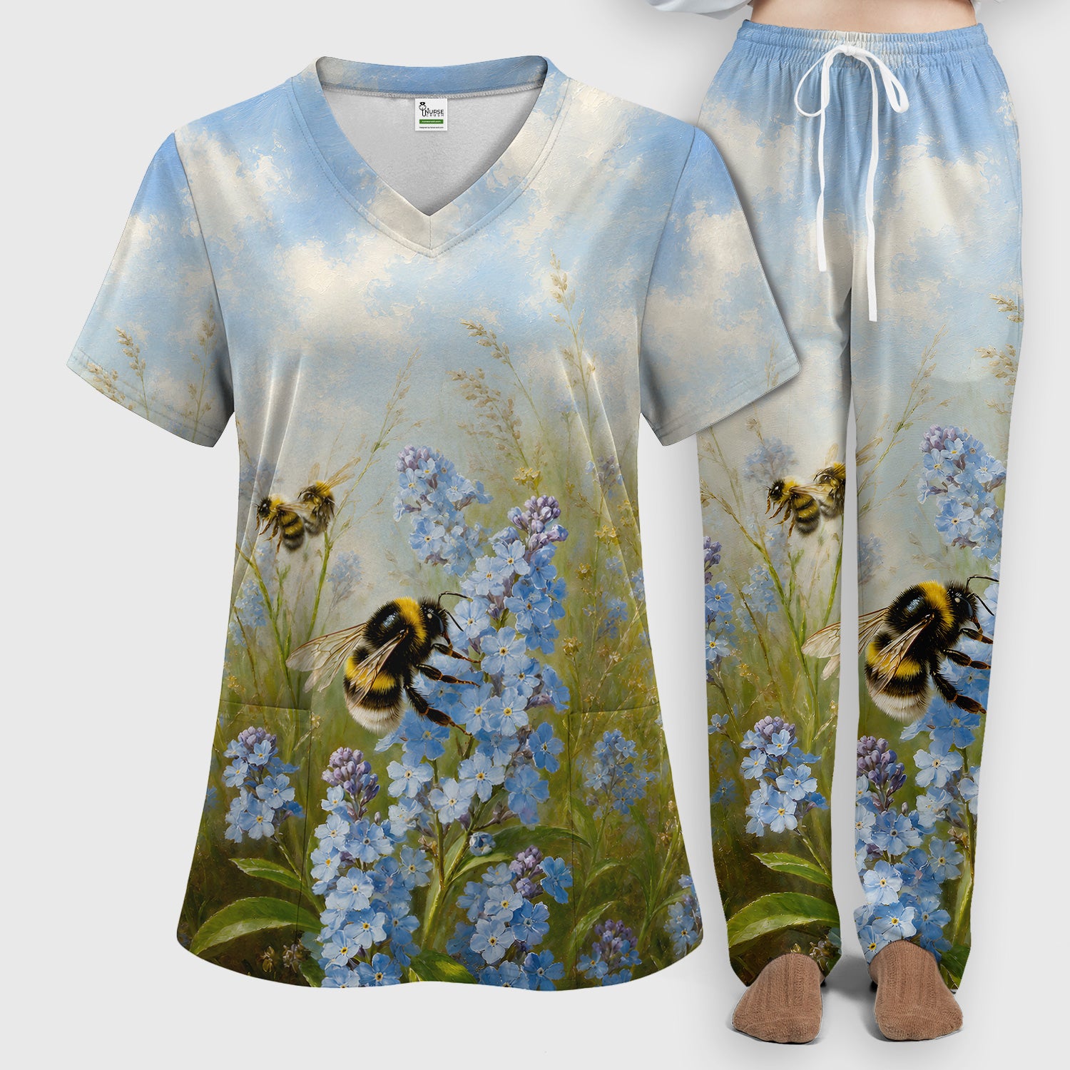 Whimsical Bumblebee Blue Blossom Pattern Scrub Set, Scrub Pants and V Neck Top