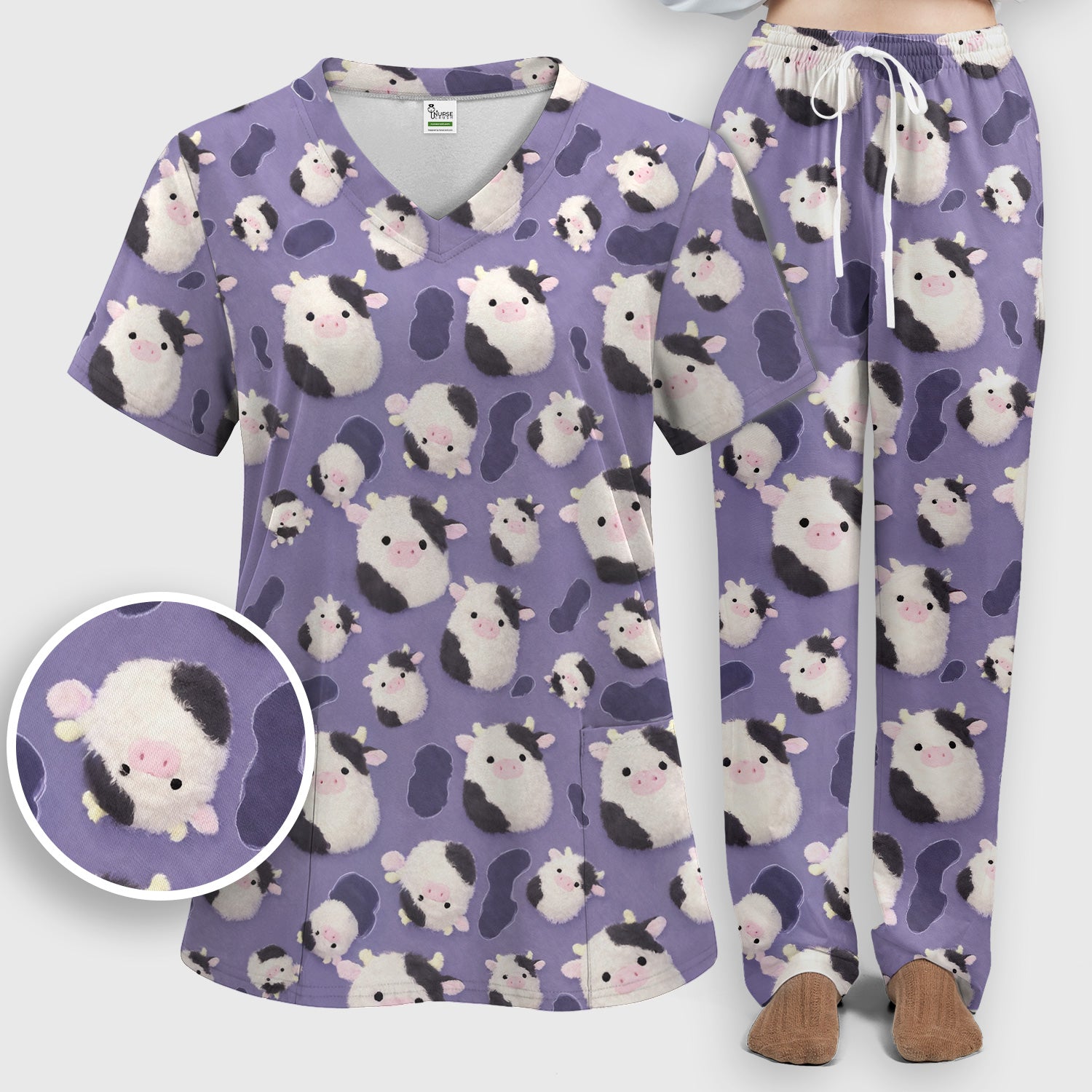 Cute Cartoon Pig Pattern Scrubs Sets, Scrub Pants and V Neck Top
