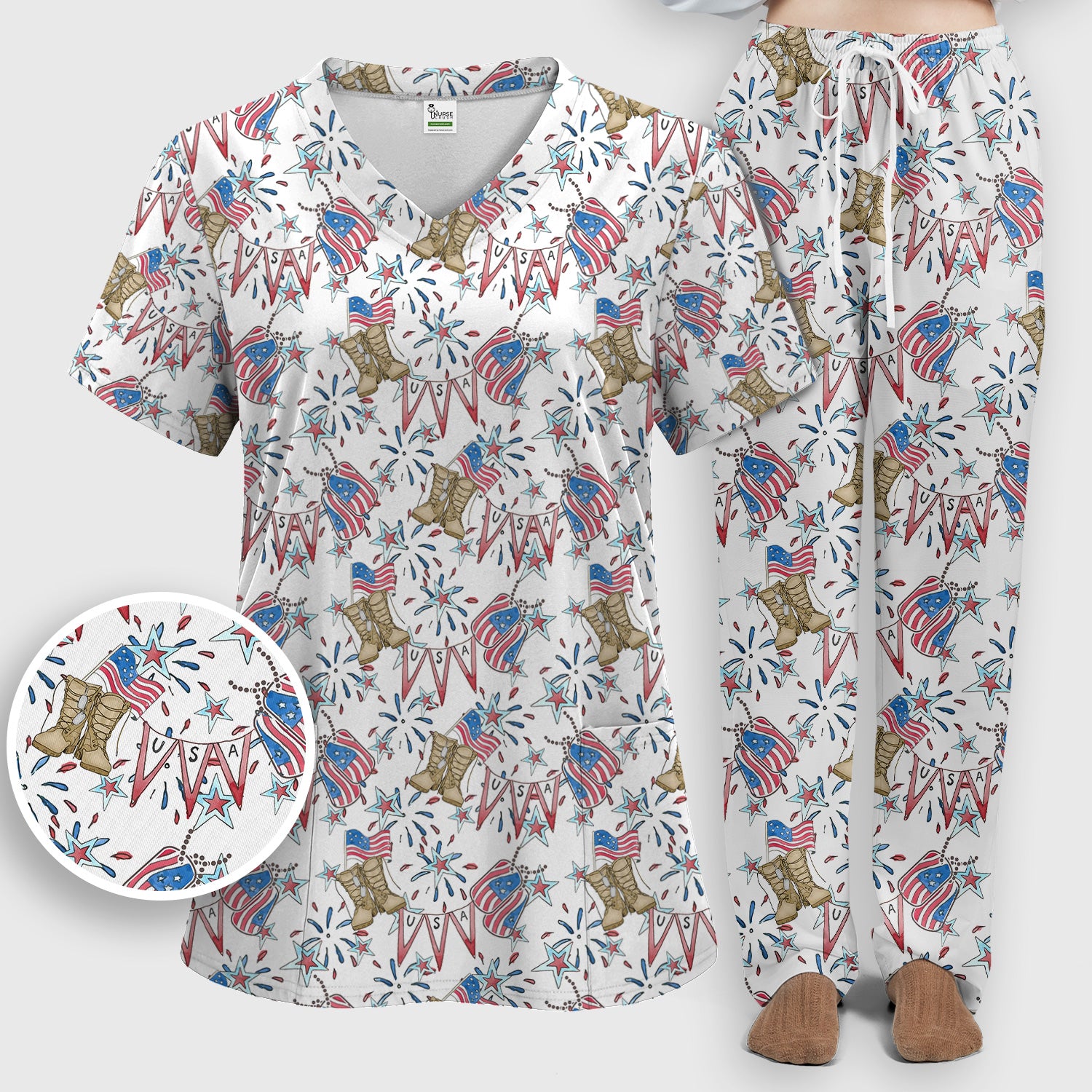 USA Boots Banner Pattern Scrub Set, Scrub Pants and V Neck Top