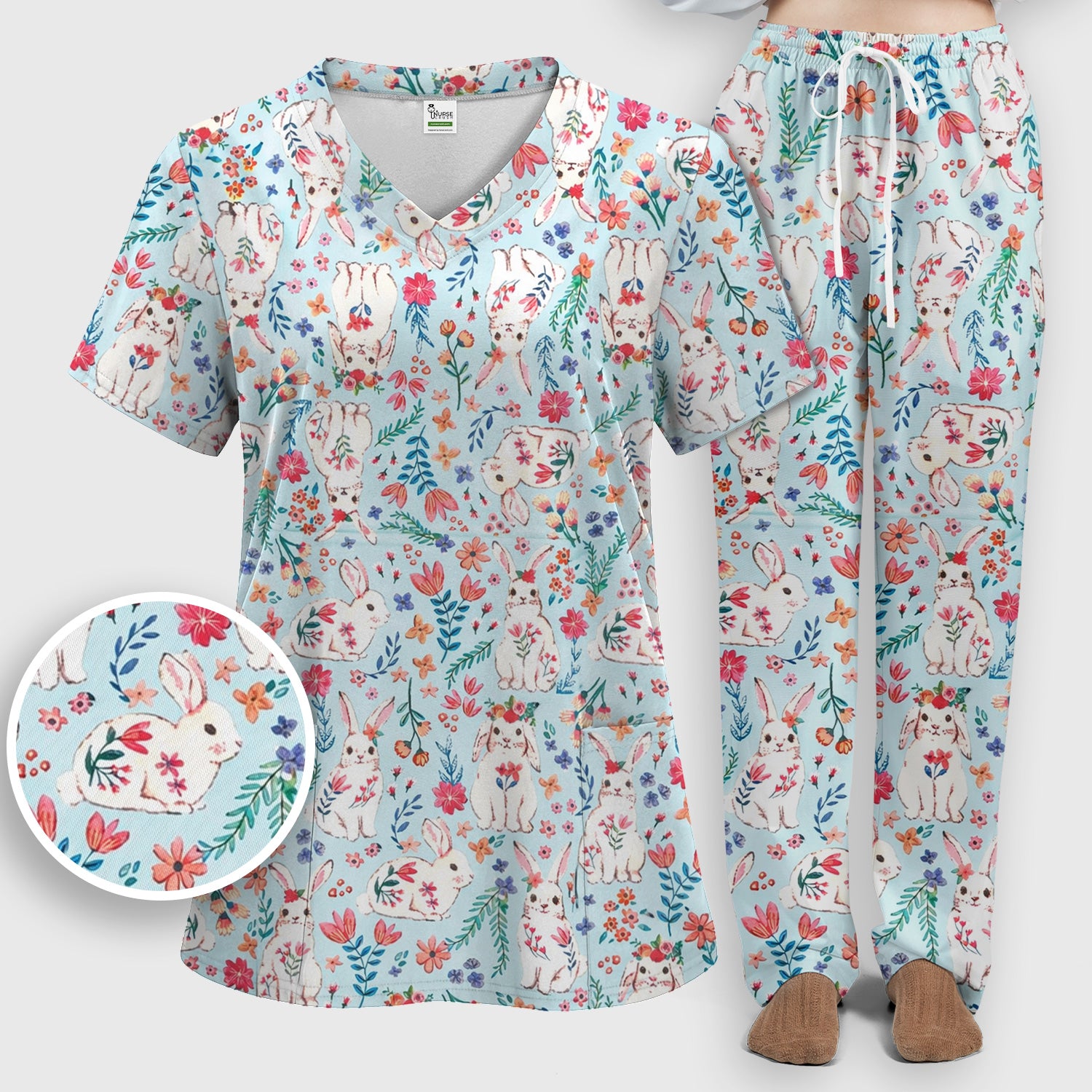 Springtime Bunny Floral Pattern Scrub Set, Scrub Pants and V Neck Top