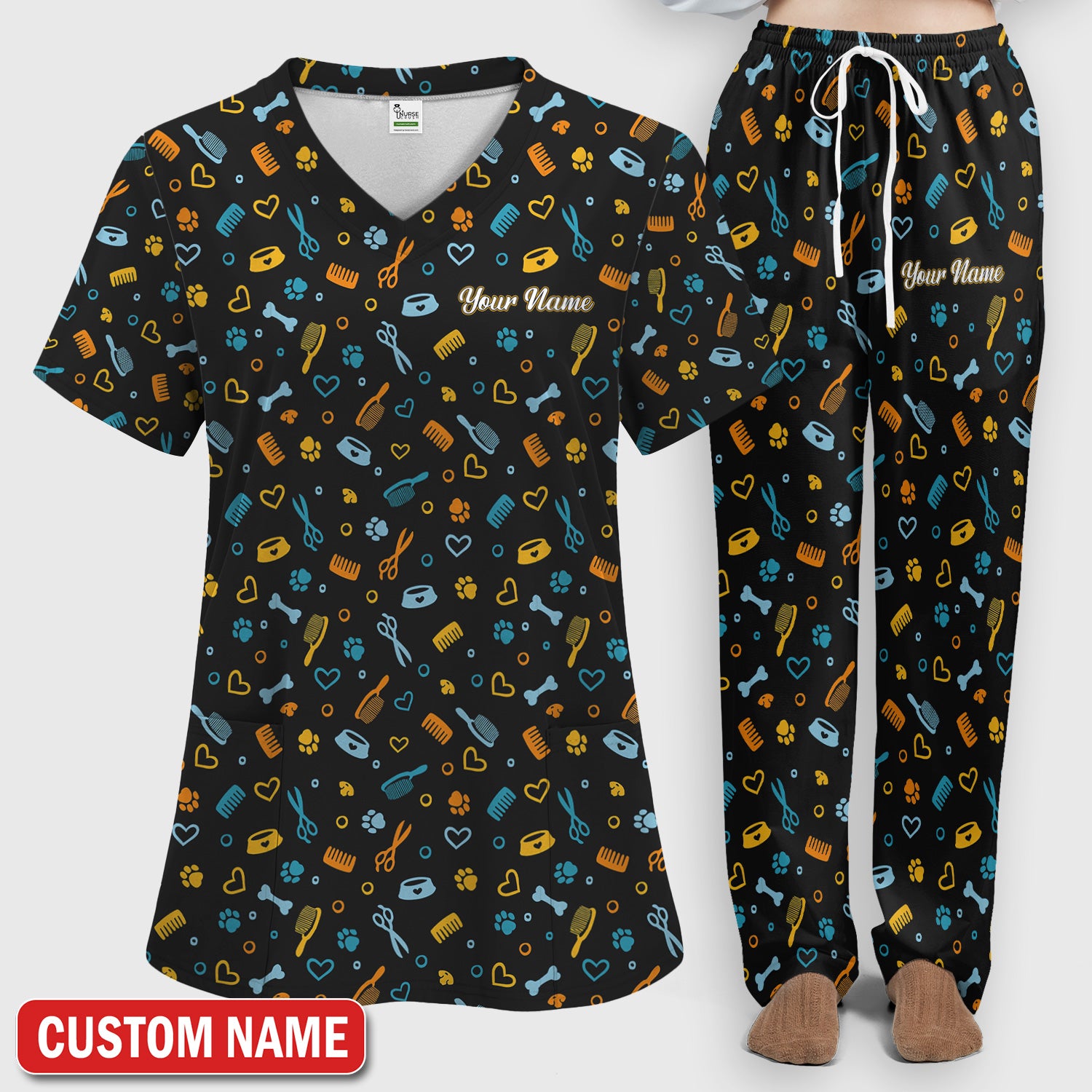 Custom Name Dog Cat Grooming Pattern Scrub Set, Scrub Pants and V Neck Top