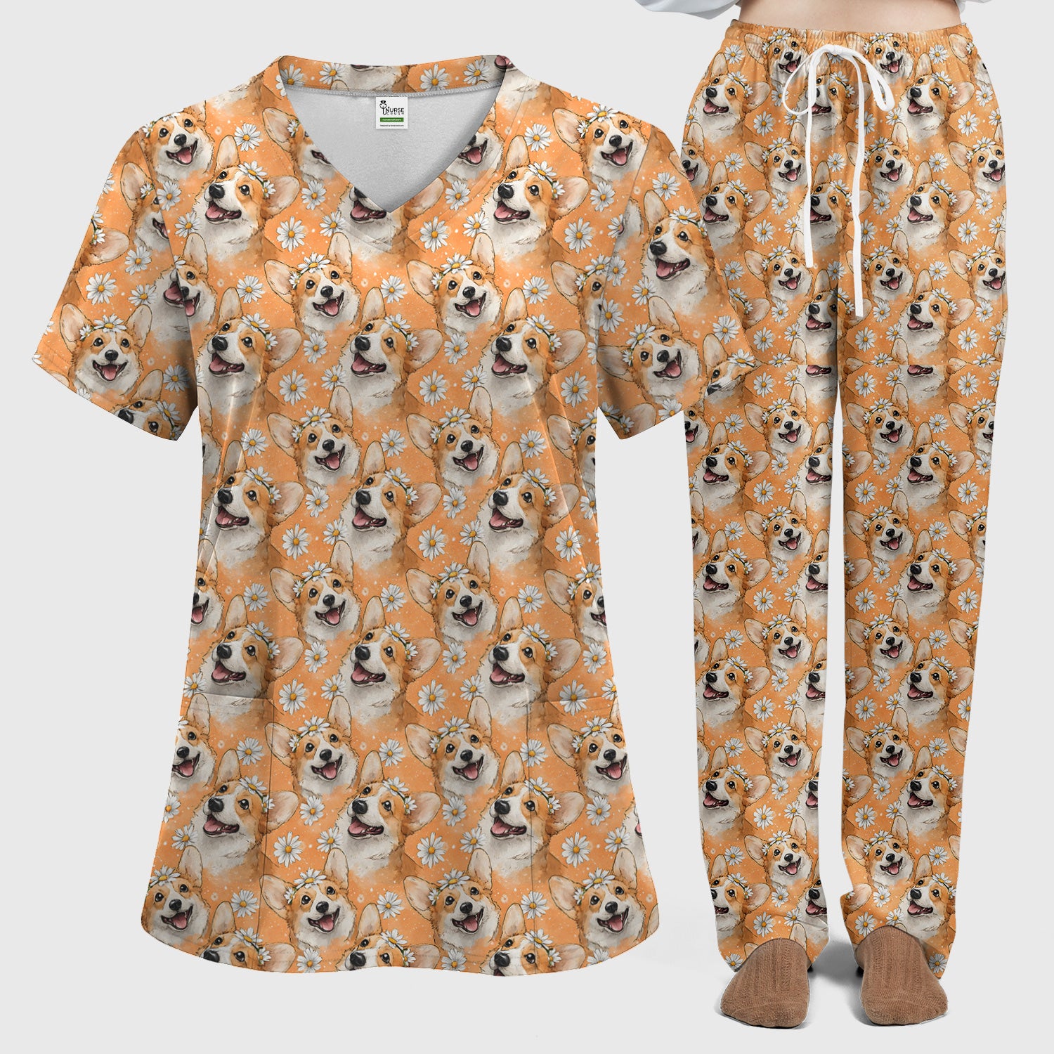 Happy Corgi Daisy Floral Pattern Orange Scrub Set,  Breathable Med Uniform