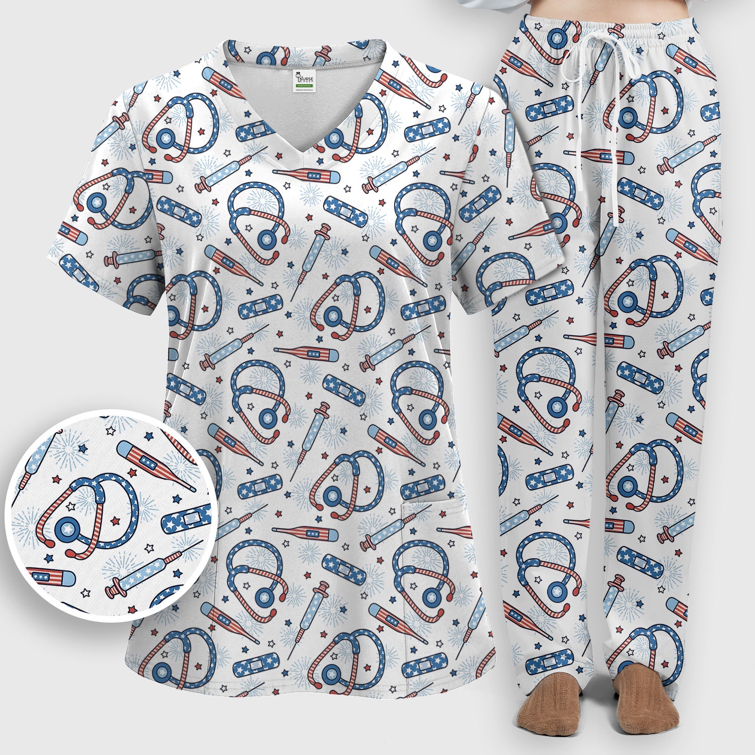Funny Patriotic Stethoscope Bandage Nurse Pattern Scrub Set, Scrub Pants and V Neck Top