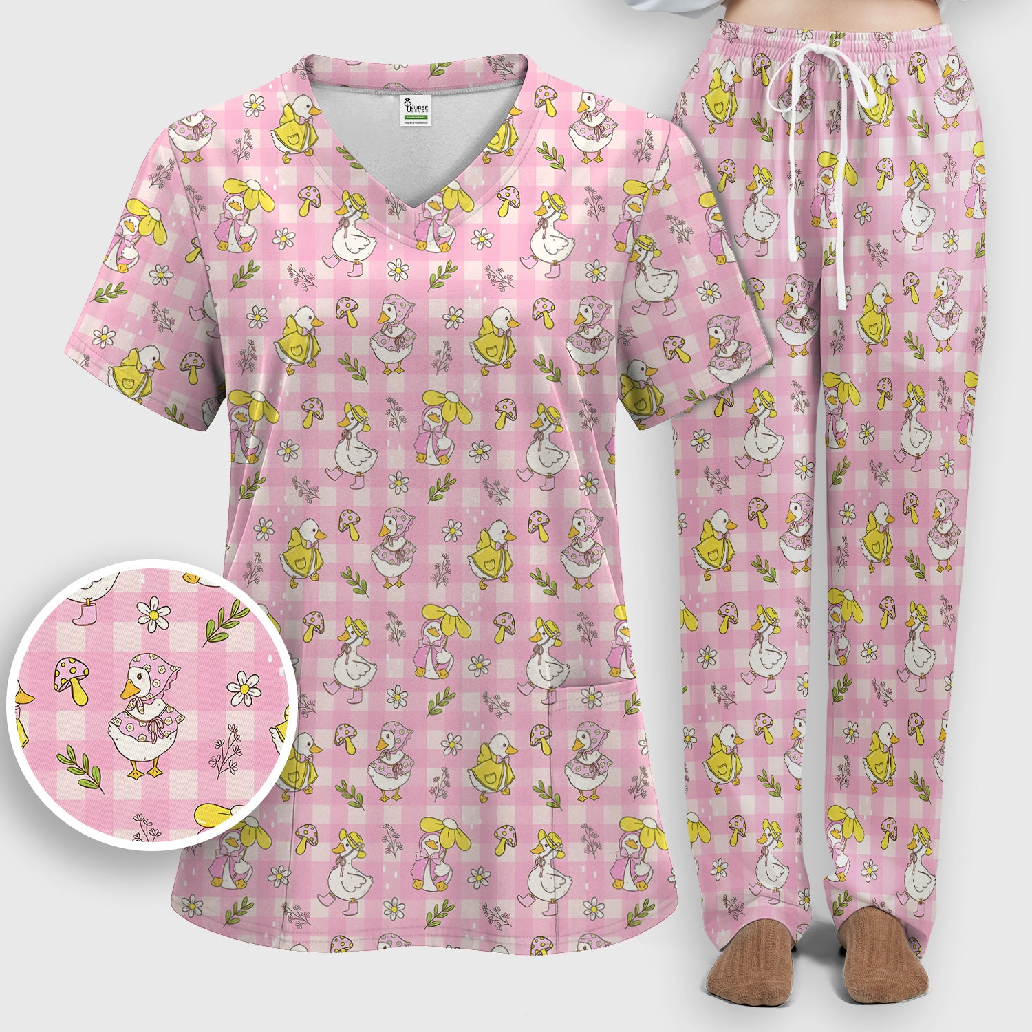 Spring Duckling Gingham Pattern Scrub Set, Scrub Pants and V Neck Top