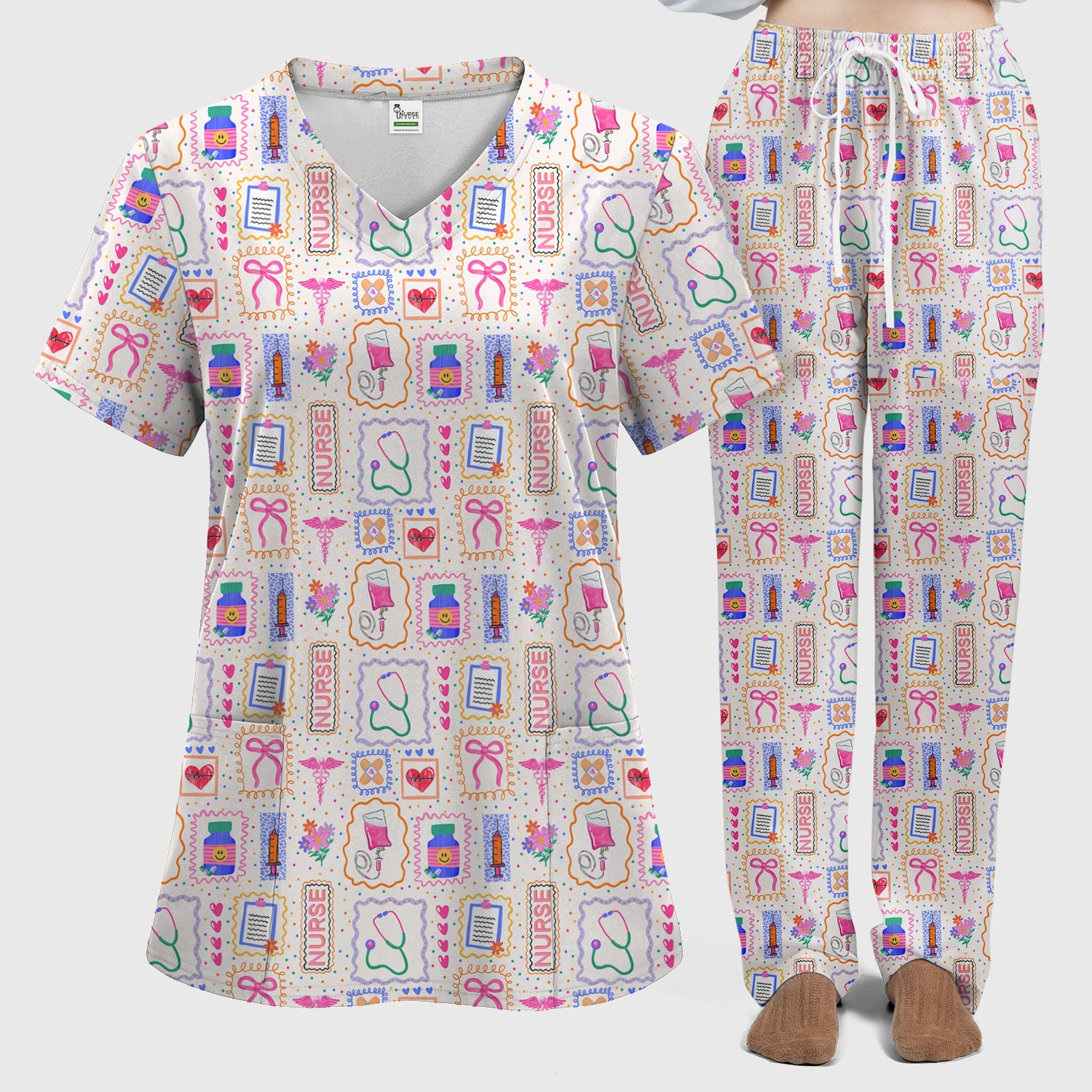 Colorful Nurse Medical Icon Pattern Scrub Set, Scrub Pants and V Neck Top