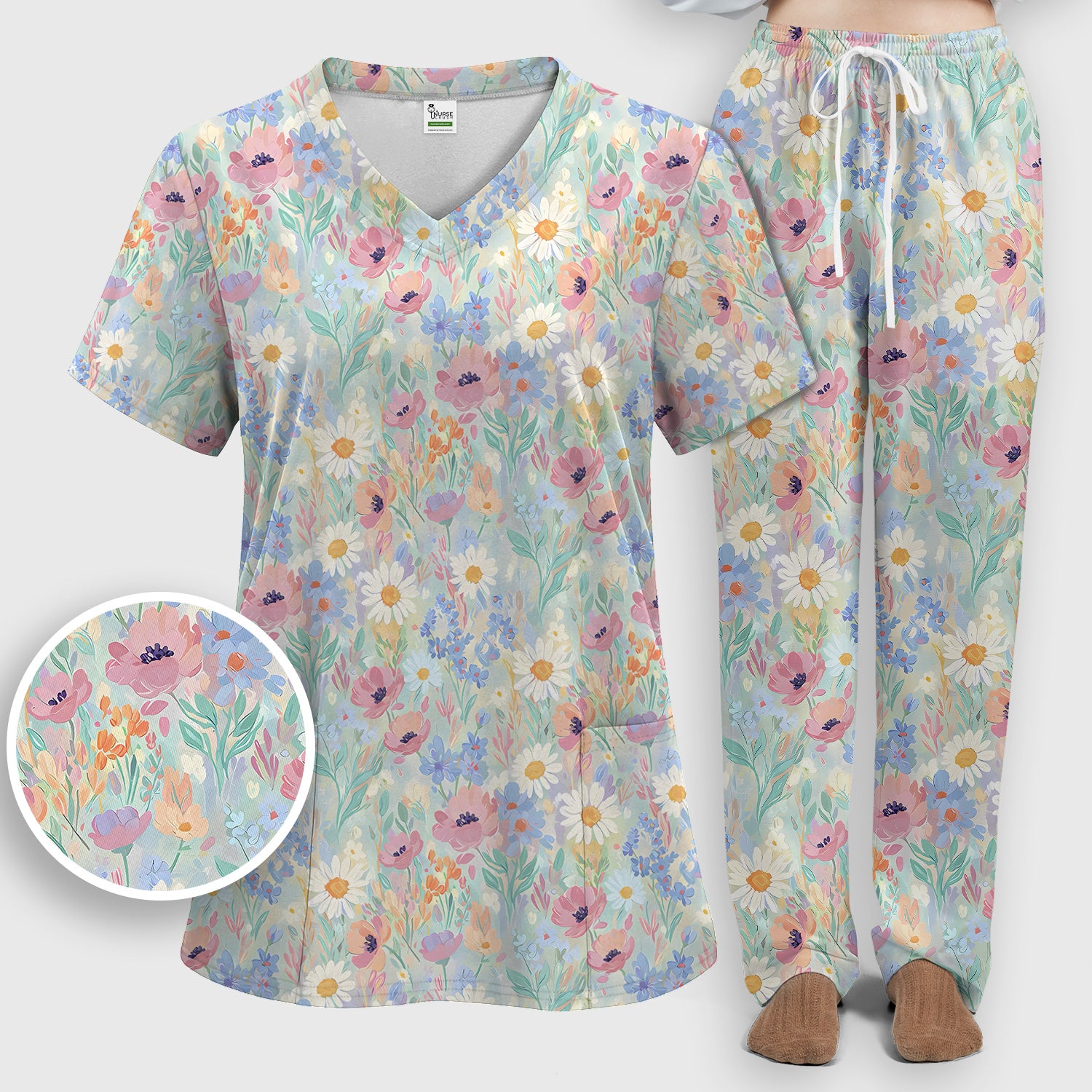 Pastel Wildflower Meadow Floral Pattern Scrub Set, Scrub Pants and V Neck Top
