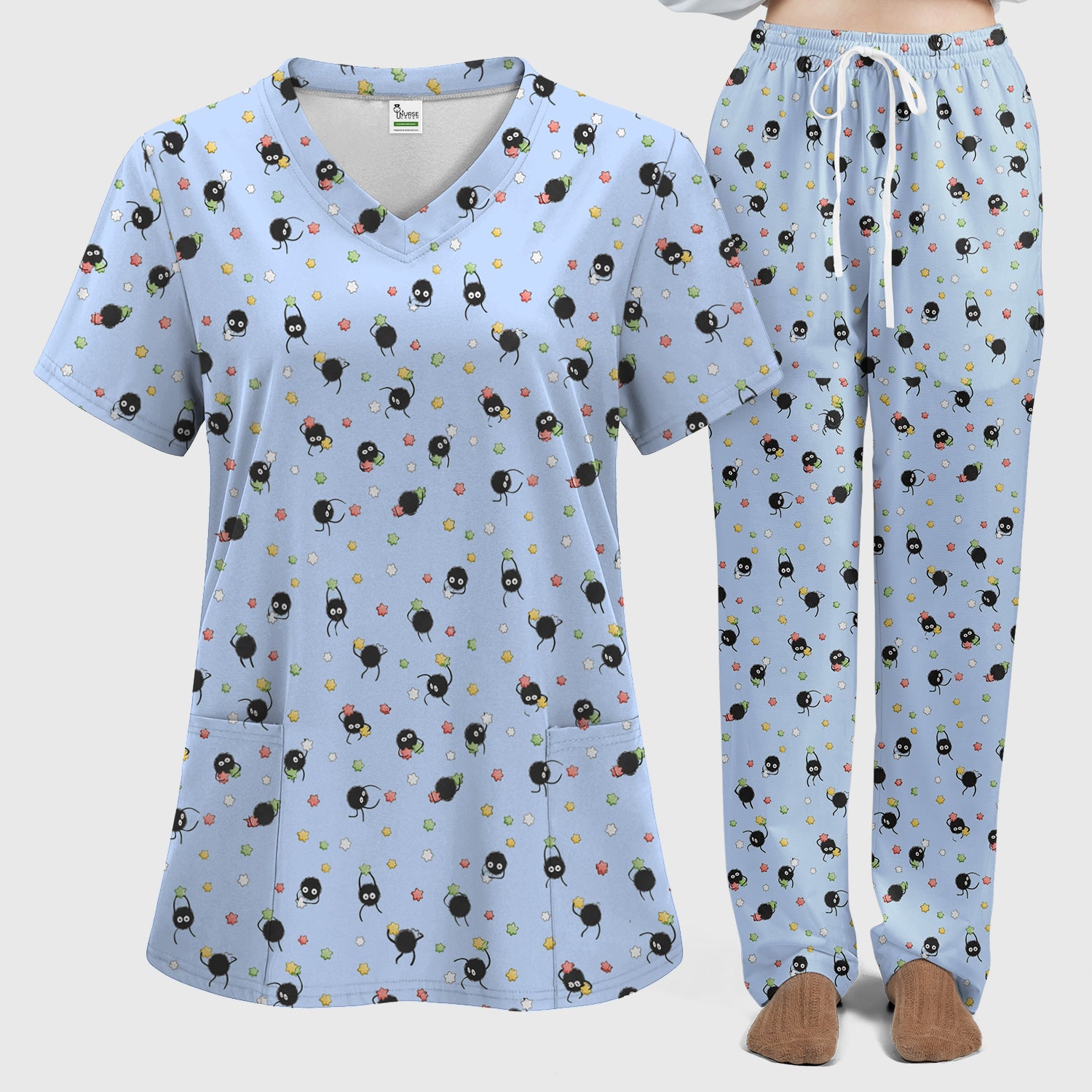 Funny Spider Pattern Pattern Pattern Scrub Set, Cartoon Spider Pattern Nursing Uniform For Women
