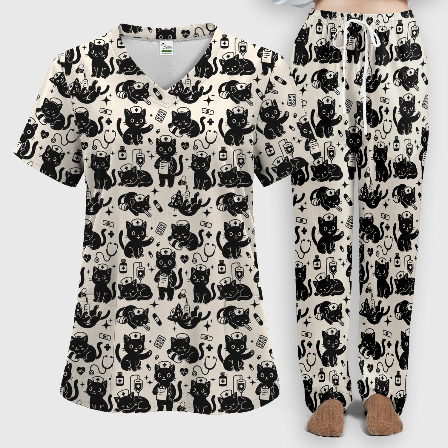 Cute Black Cat Nurse Pattern Scrub Set, Breathable Med Uniform