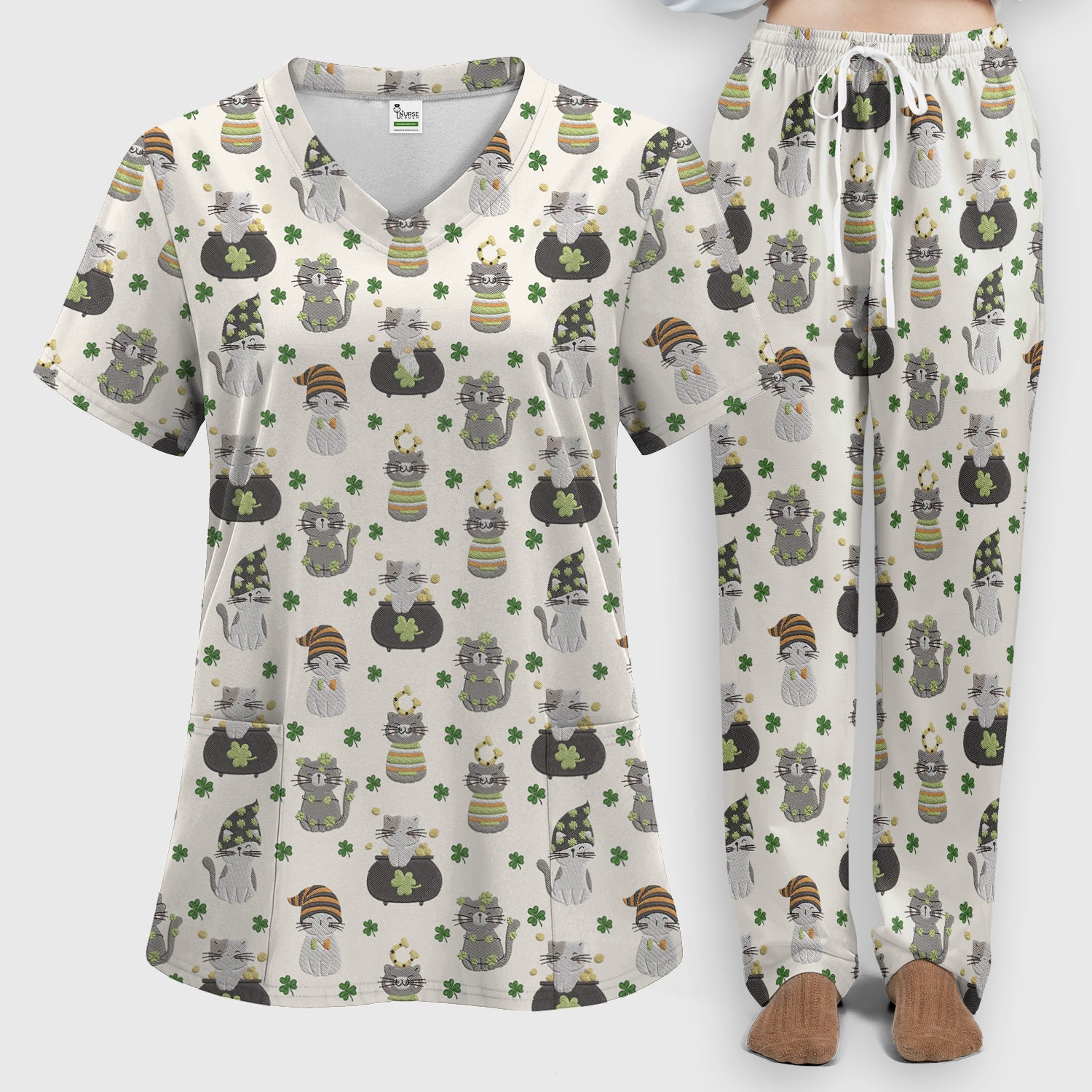 St. Patrick’s Day Scrub Set, Lucky Cat With Shamrock Pattern Shirt, Breathable Fabrics Nursing Uniform