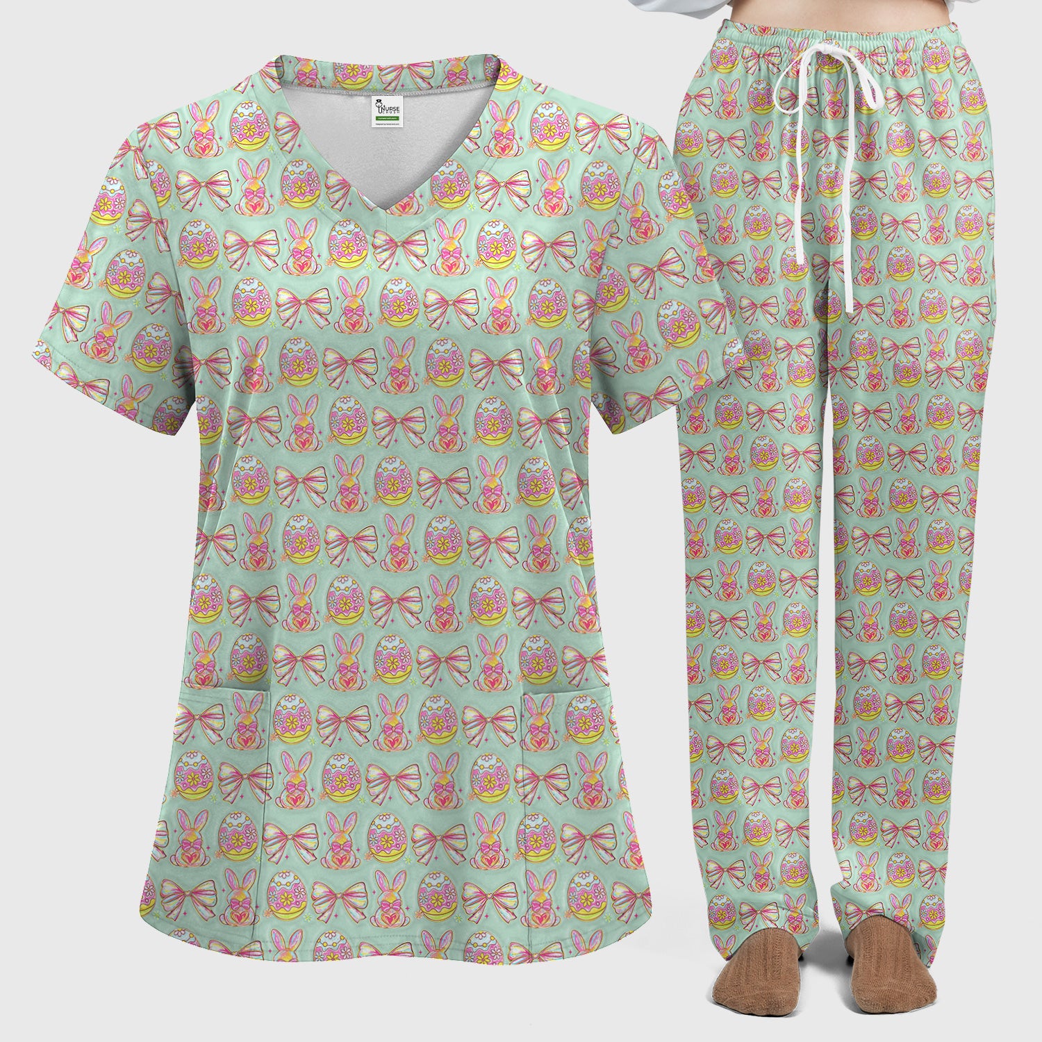 Easter Bunny Pastel Egg Bow Pattern Scrub Set, Breathable Med Uniform