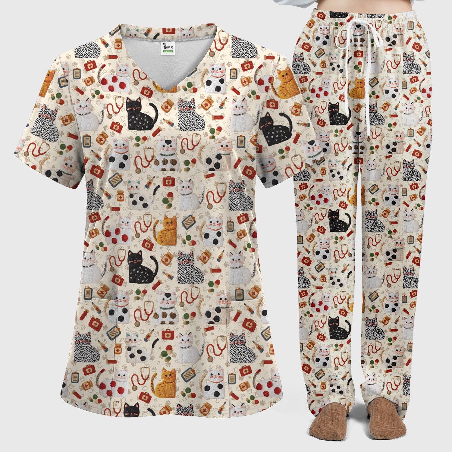 Cute Cat Scrub Set – Funny Veterinary Pattern Medical Shirt – Pet Lover Uniform For RN, LPN, CNA, and Vet Staff