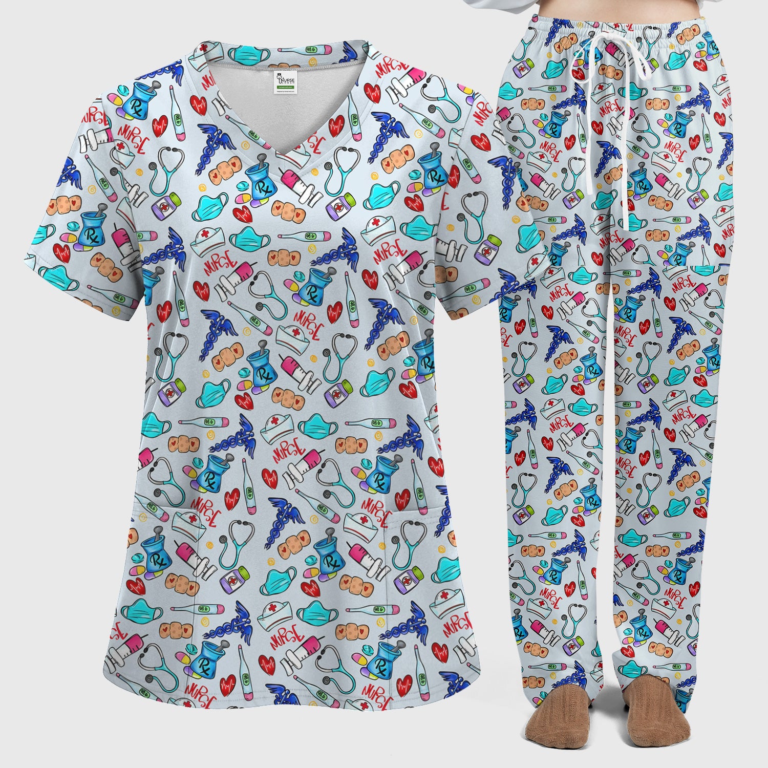 Nurse Medical Icons Stethoscope Heart Pattern Scrub Set, Scrub Pants and V Neck Top