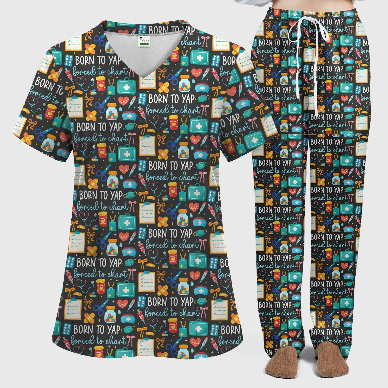 Born To Yap Medical Tools Pattern Scrub Set, Scrub Pants and V Neck Top