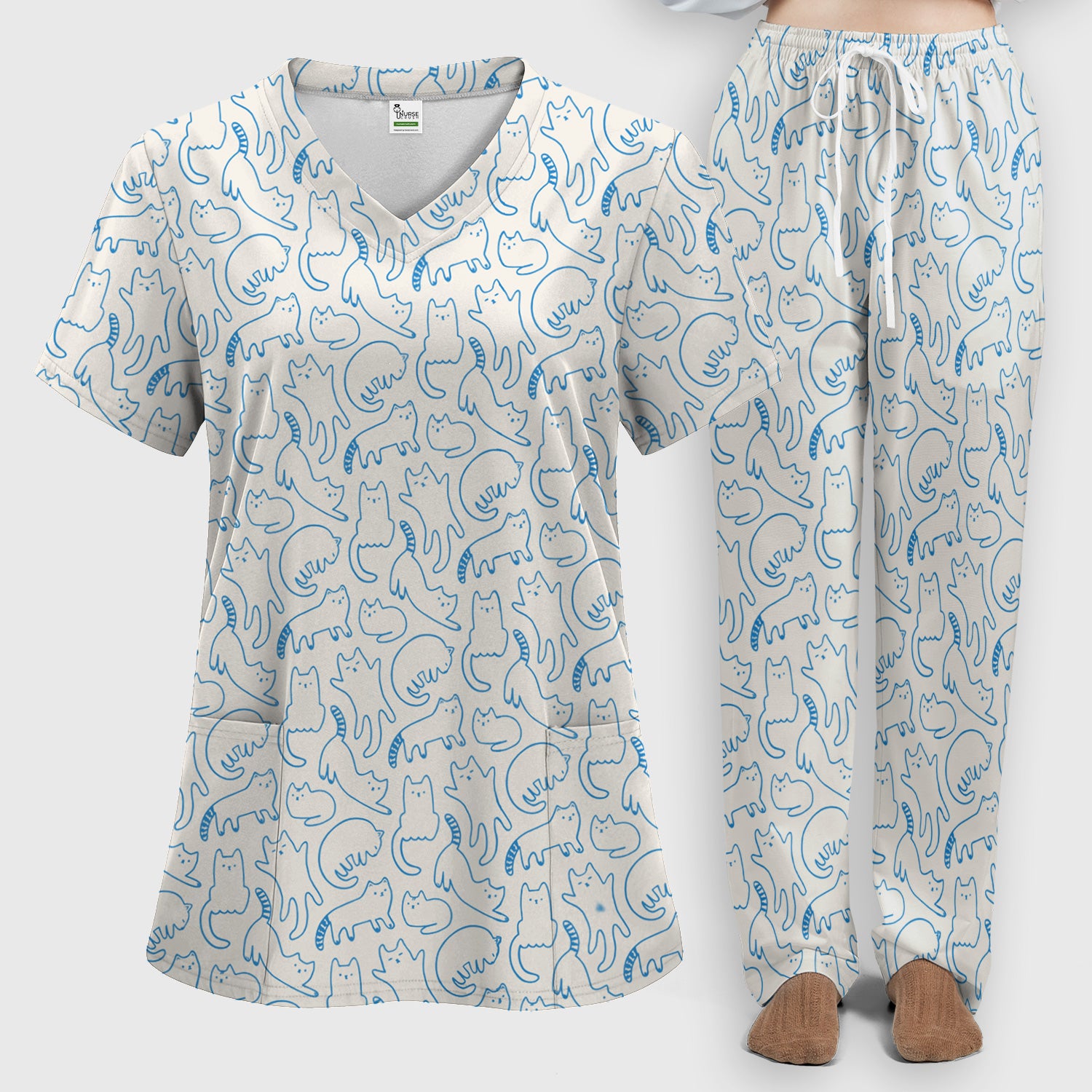 Artistic Cat Pattern Medical Scrub Set, Breathable Fabrics Nursing Uniform
