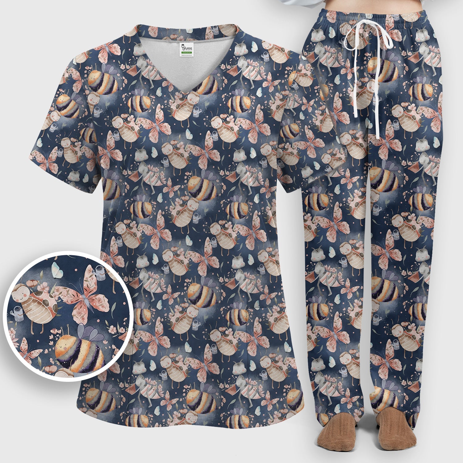 Cute Whimsical Bee Fairy Garden Pattern Scrub Set, Scrub Pants and V Neck Top
