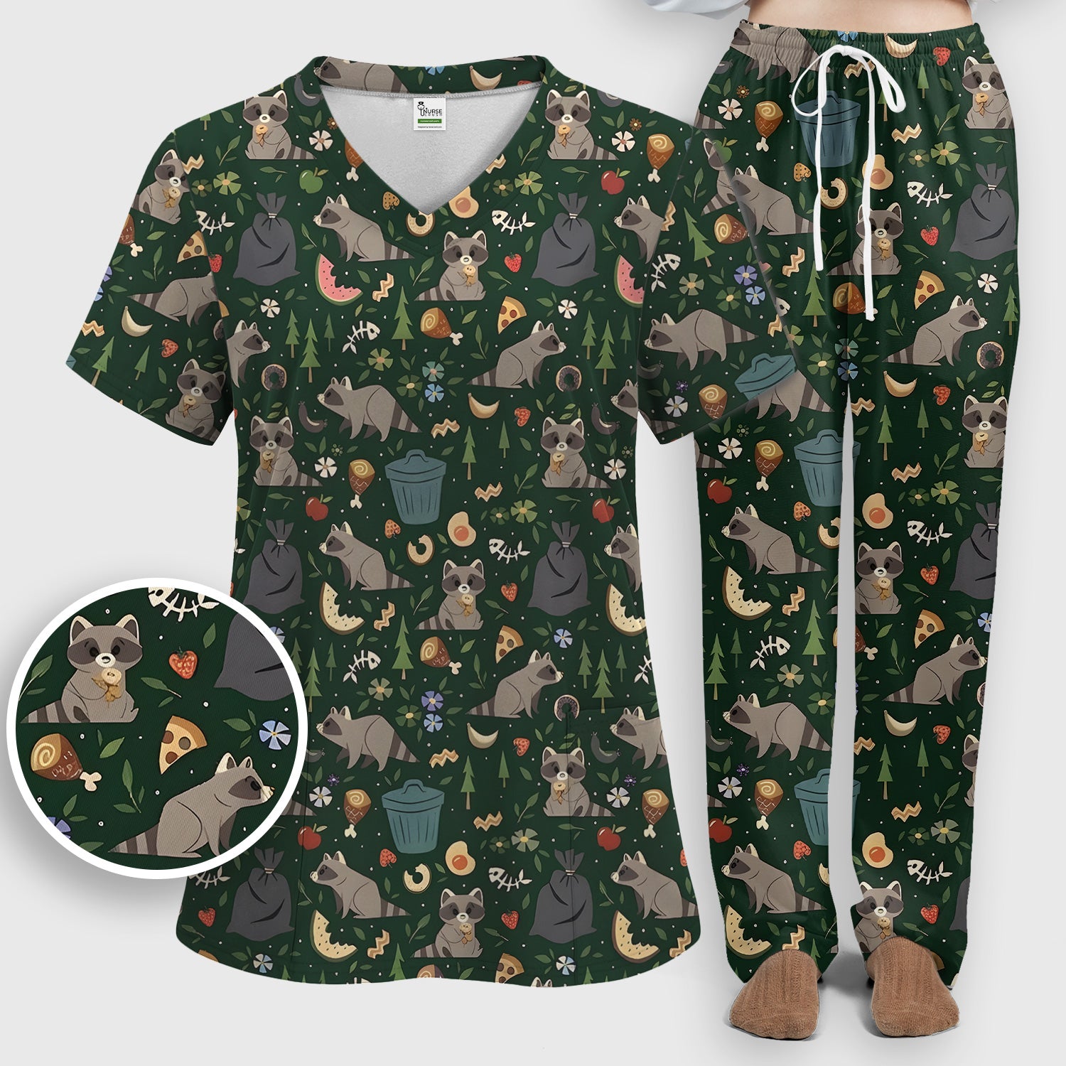 Cute Raccoon Forest Food Pattern Scrub Set, Scrub Pants and V Neck Top