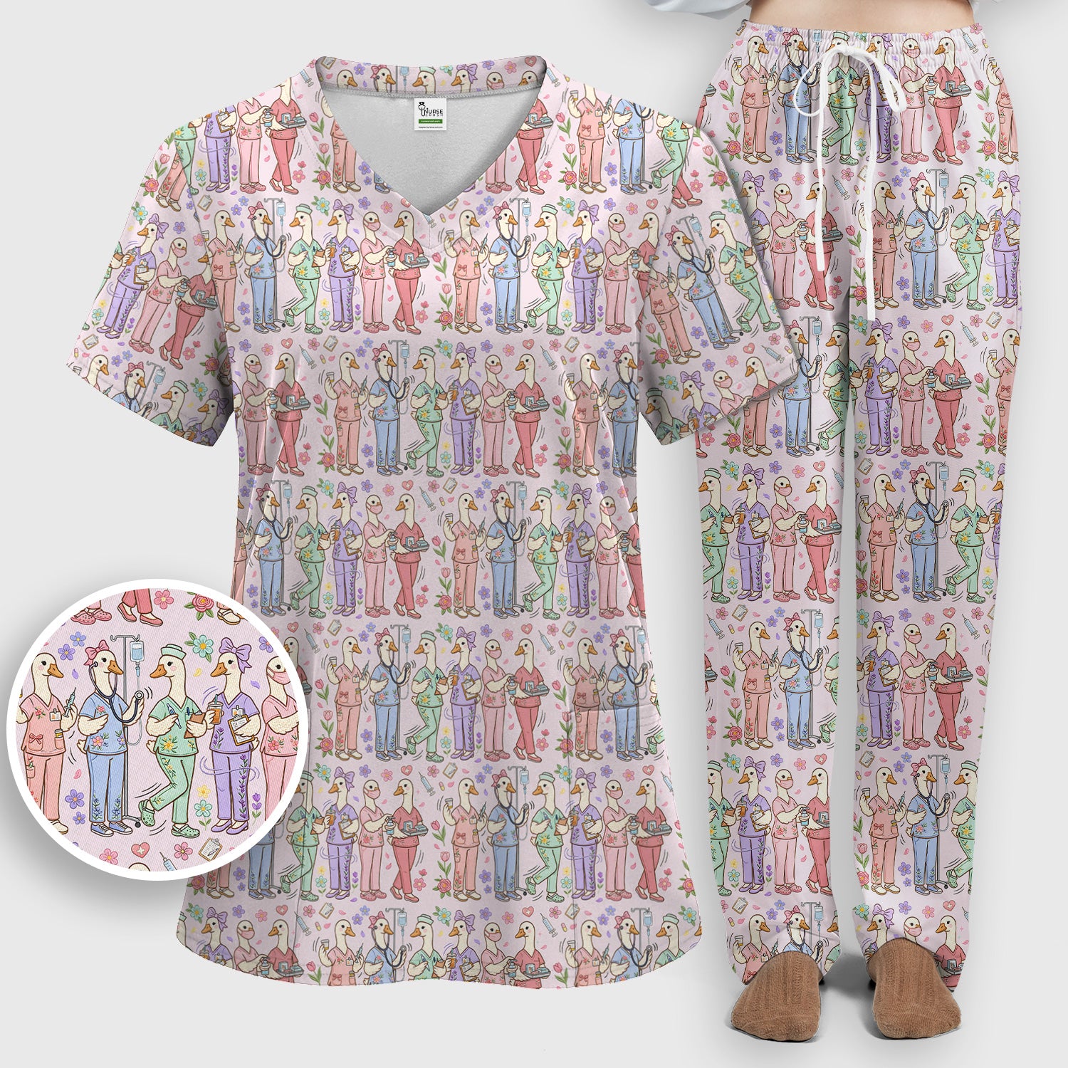 Goose Characters Floral Medical Team Uniform Pattern Scrub Set, Breathable Med Uniform
