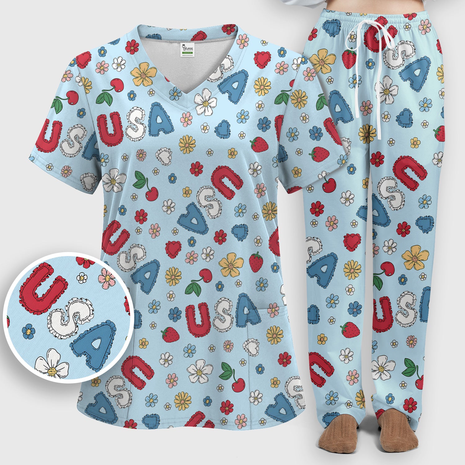 USA Cherry Strawberry Floral Patch Pattern Scrub Set, Scrub Pants and V Neck Top