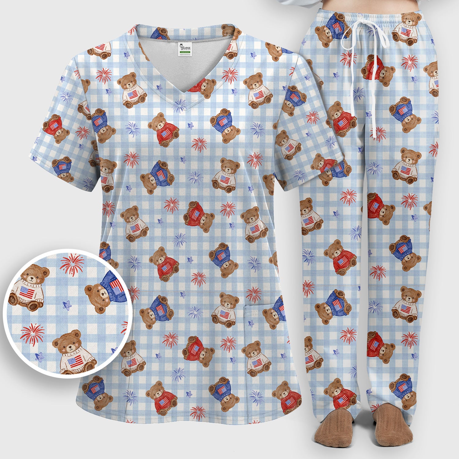 Cute Patriotic Teddy Bear Firework Gingham Pattern Scrub Set, Scrub Pants and V Neck Top