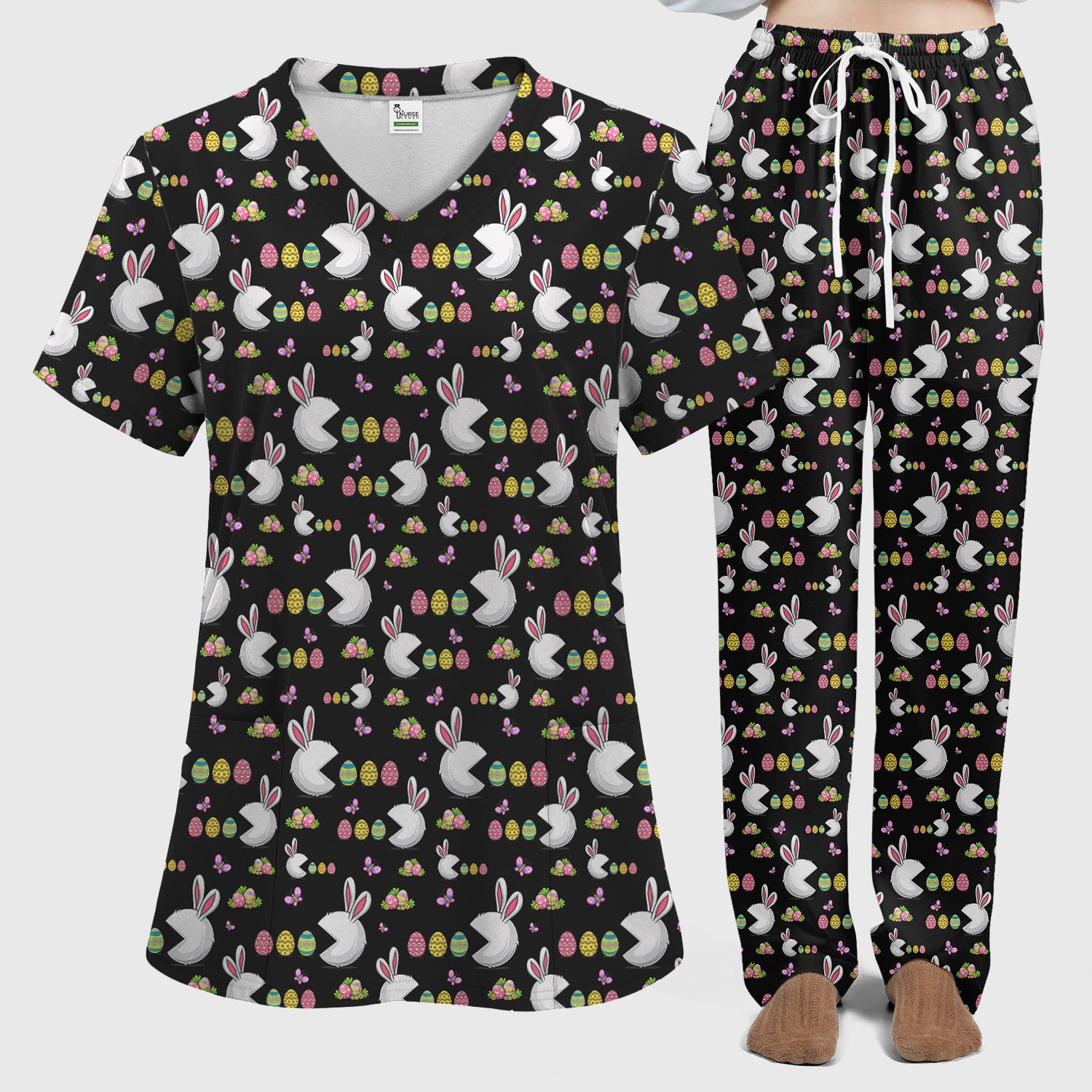 Easter Bunny and Colorful Eggs Print Scrub Set, Breathable Med Uniform
