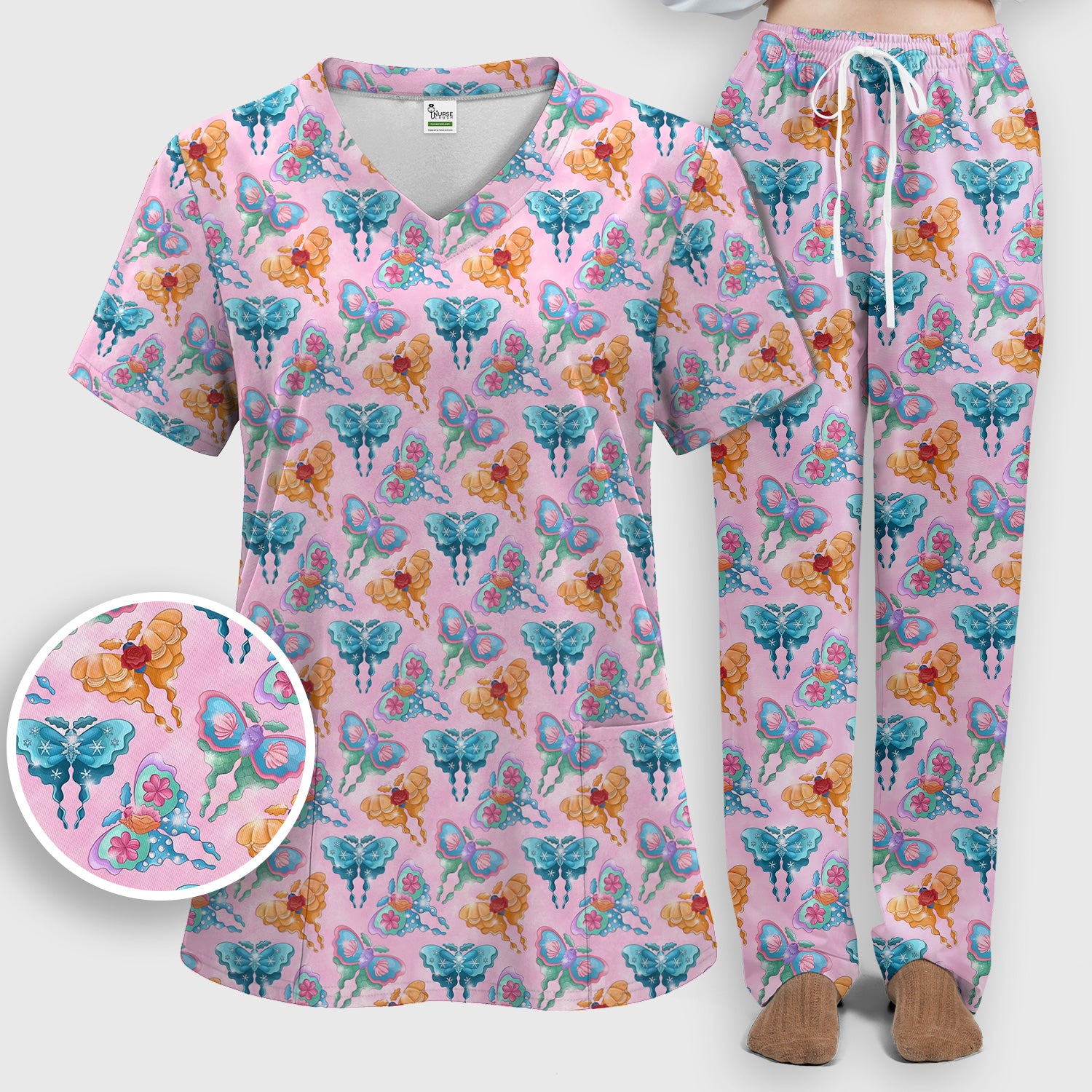 Colorful Butterfly With Floral Blossom Pattern Scrub Set, Scrub Pants and V Neck Top