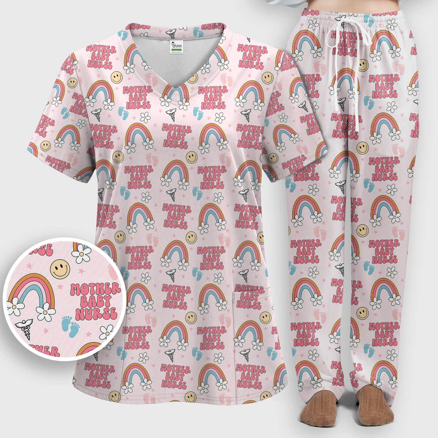 Sweet Mother Baby Nurse Rainbow Pattern Scrub Set, Scrub Pants and V Neck Top