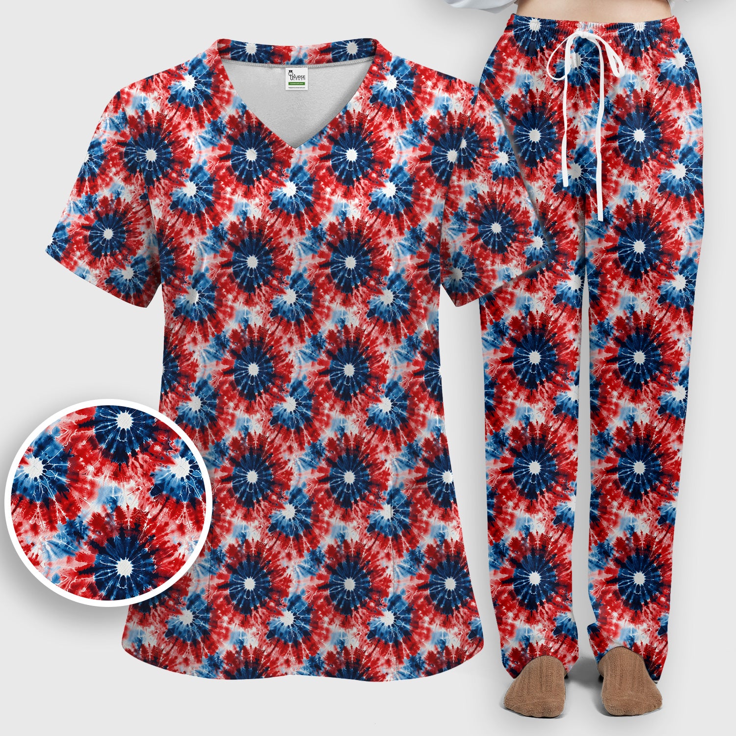 Festive Nurse Tie Dye Firework Burst Pattern Scrub Set, Scrub Pants and V Neck Top
