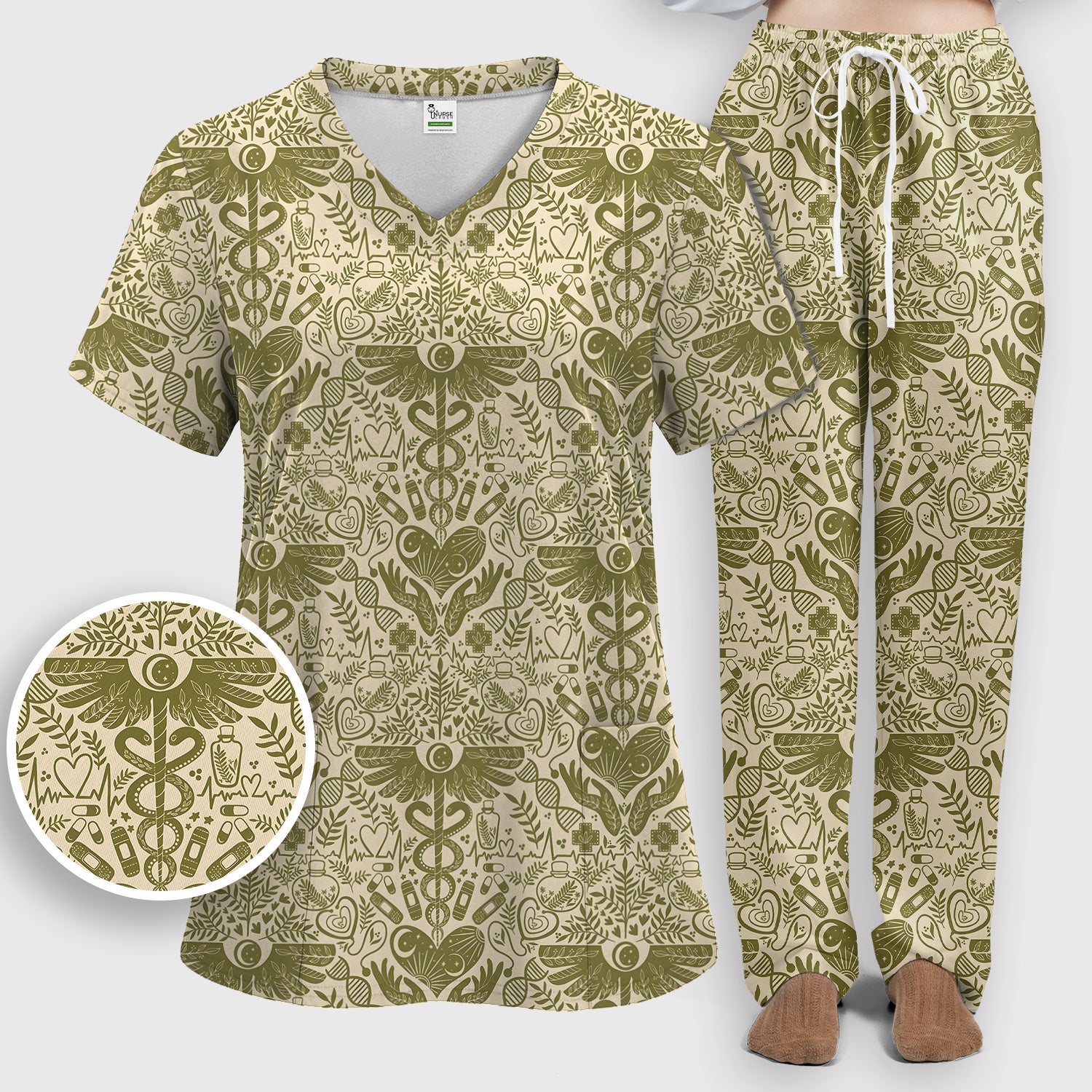 Inspirational Botanical Medical Caduceus Heart Nurse Pattern Scrub Set, Breathable Med Uniform