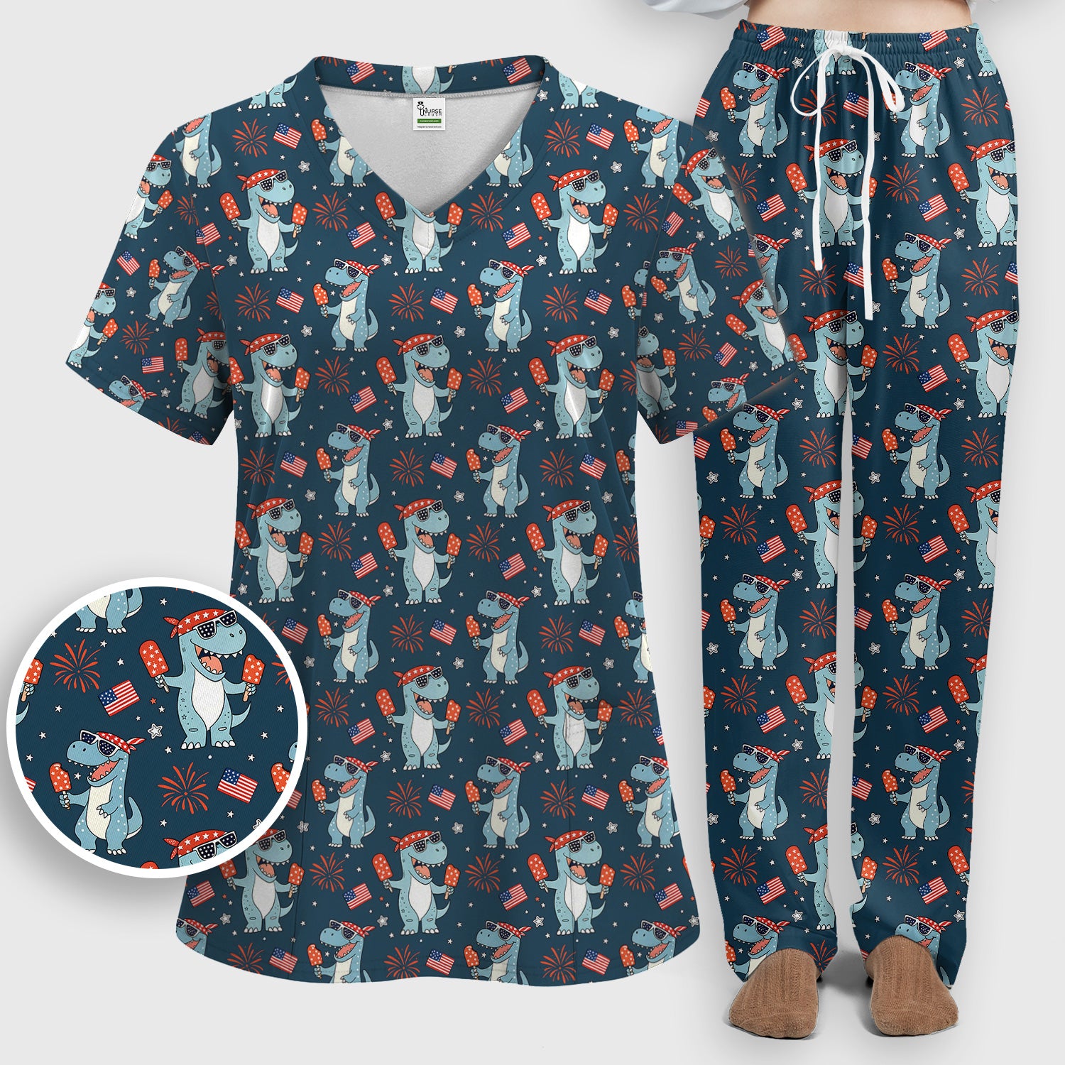 Dinosaur With Flag American Pattern Scrub Set, Scrub Pants and V Neck Top