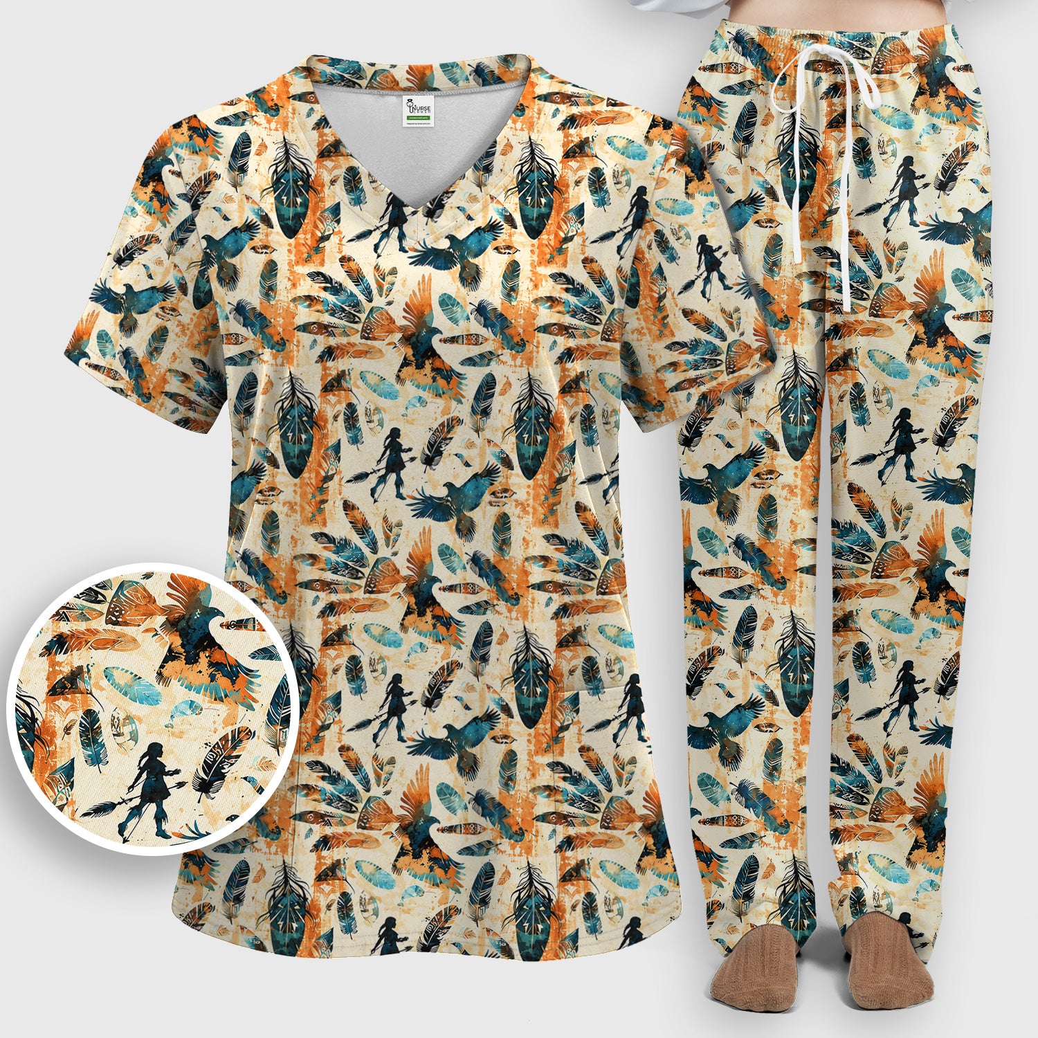 Feather Birds Tribal Print Scrub Set, Scrub Pants and V Neck Top