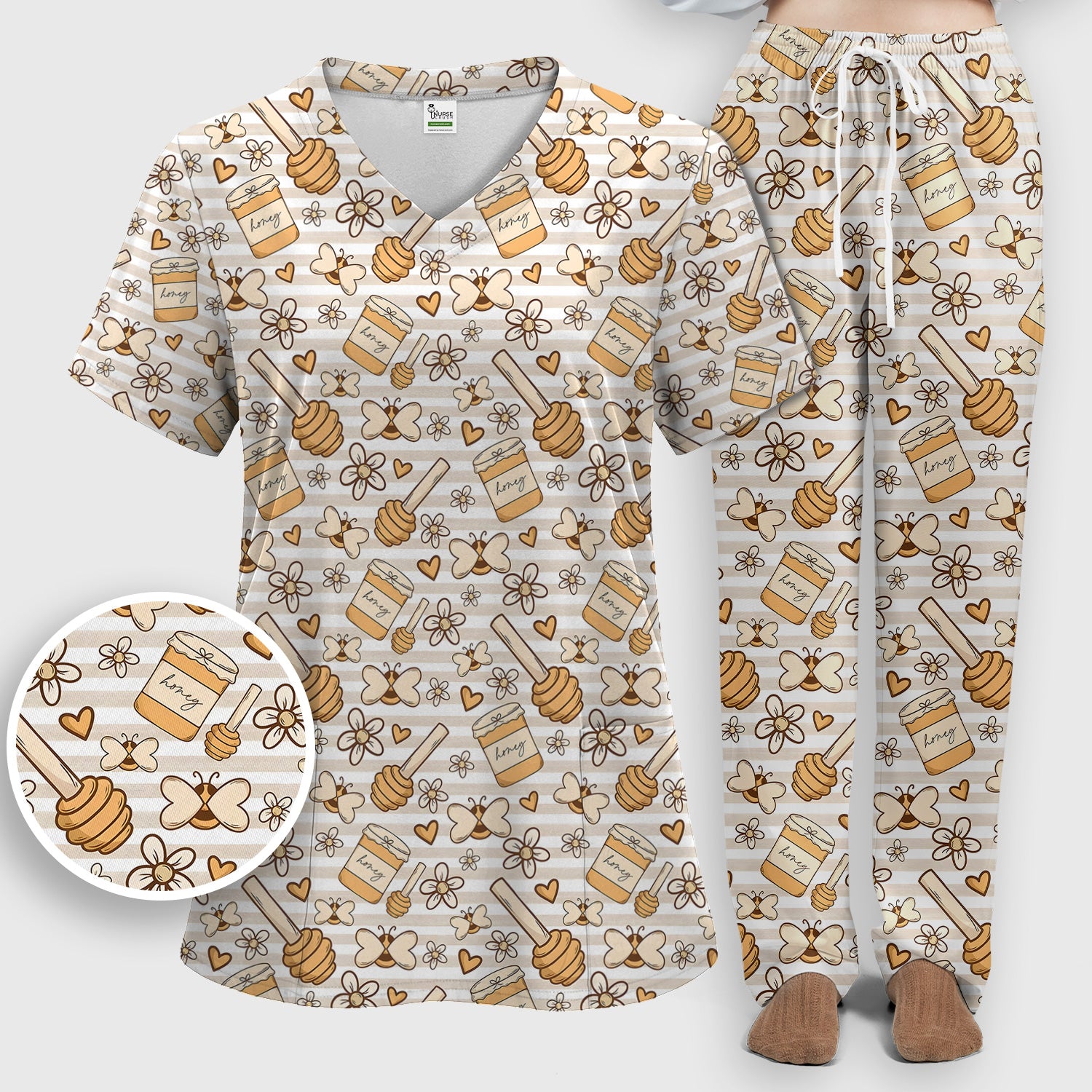 Honey Jar With Daisy Flower Pattern Scrub Set, Scrub Pants and V Neck Top