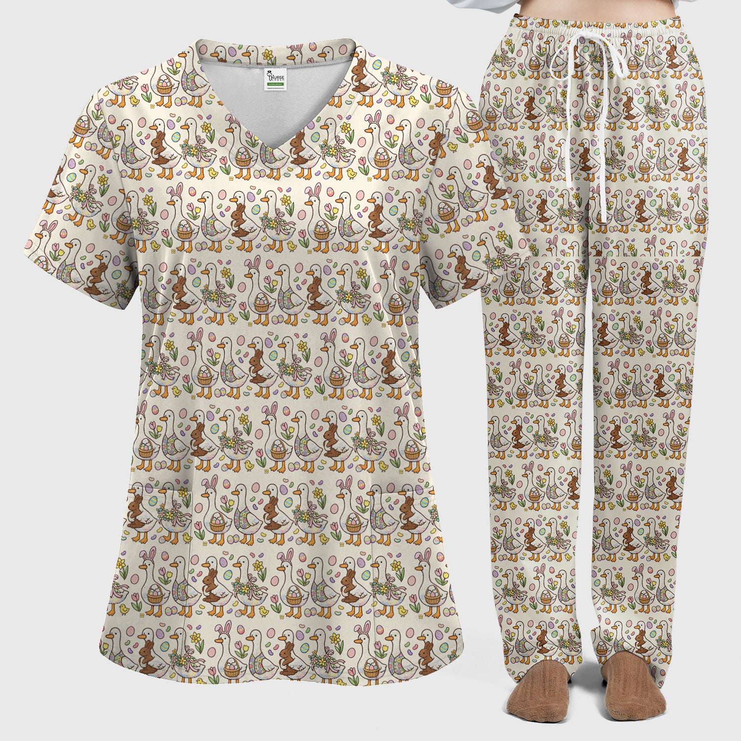Easter Theme Duck and Bunny Egg Floral Print Scrub Set, Breathable Med Uniform