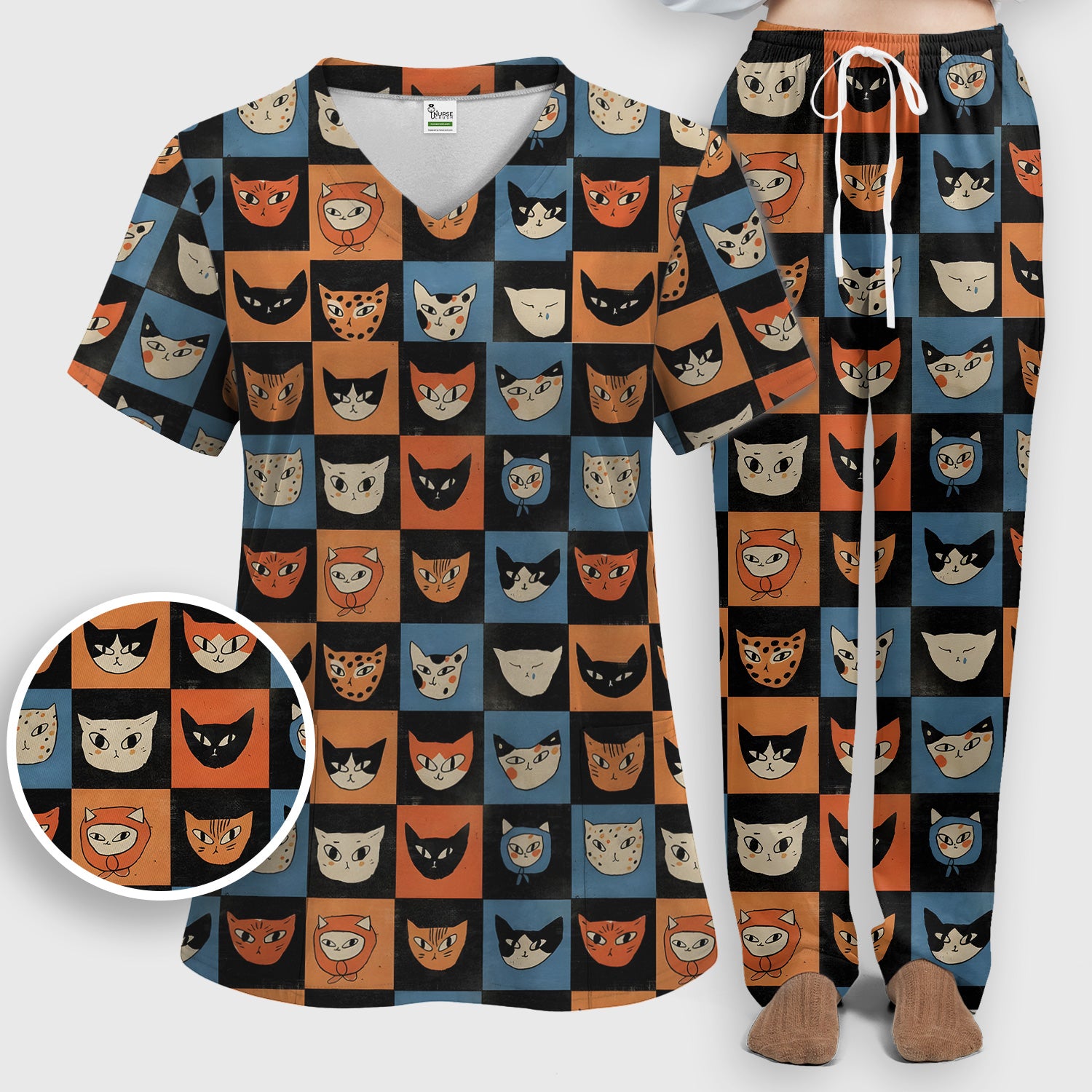 Cute Retro Cat Faces Checkerboard Print Scrub Set, Scrub Pants and V Neck Top