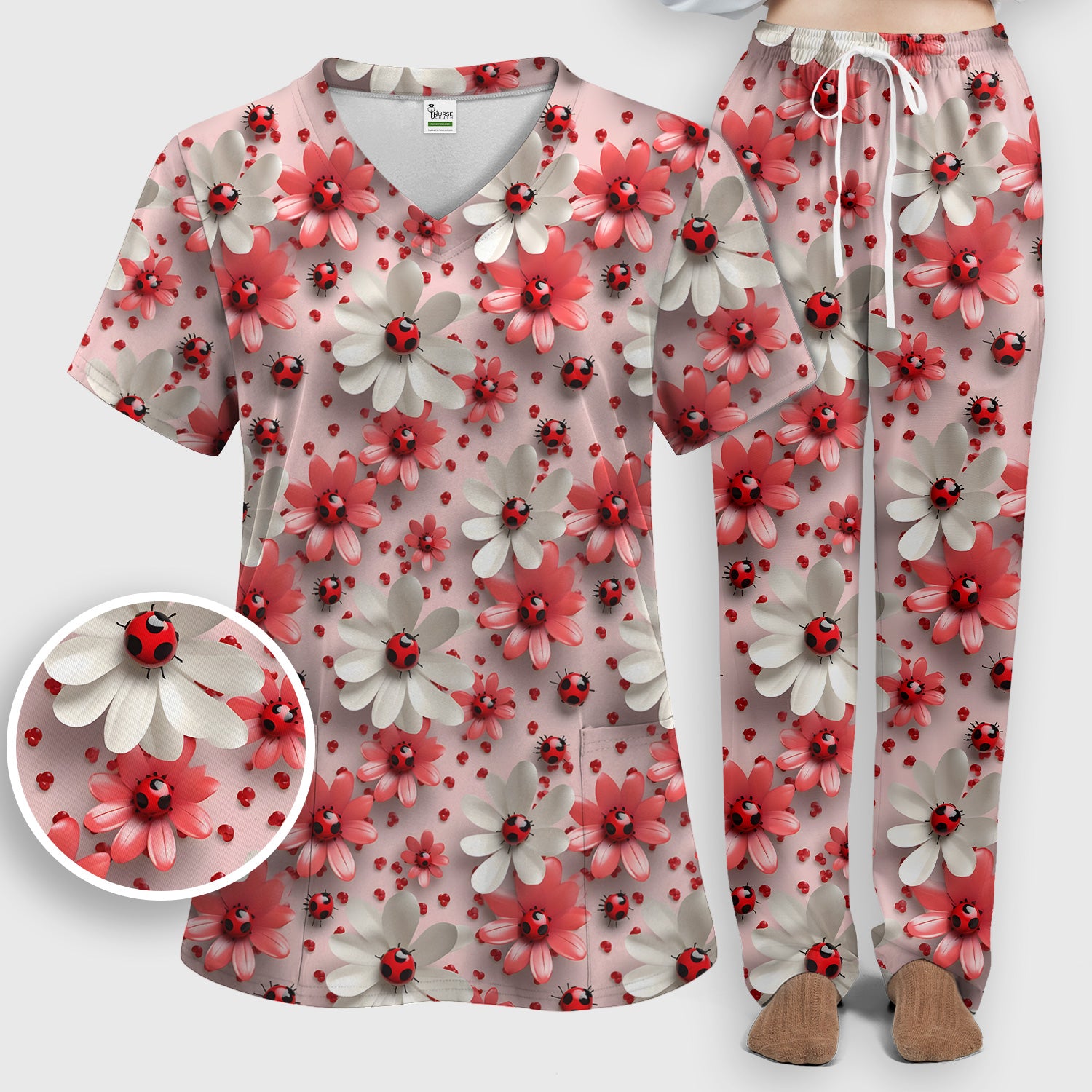 Red Ladybug Flower Pattern Scrub Set, Scrub Pants and V Neck Top