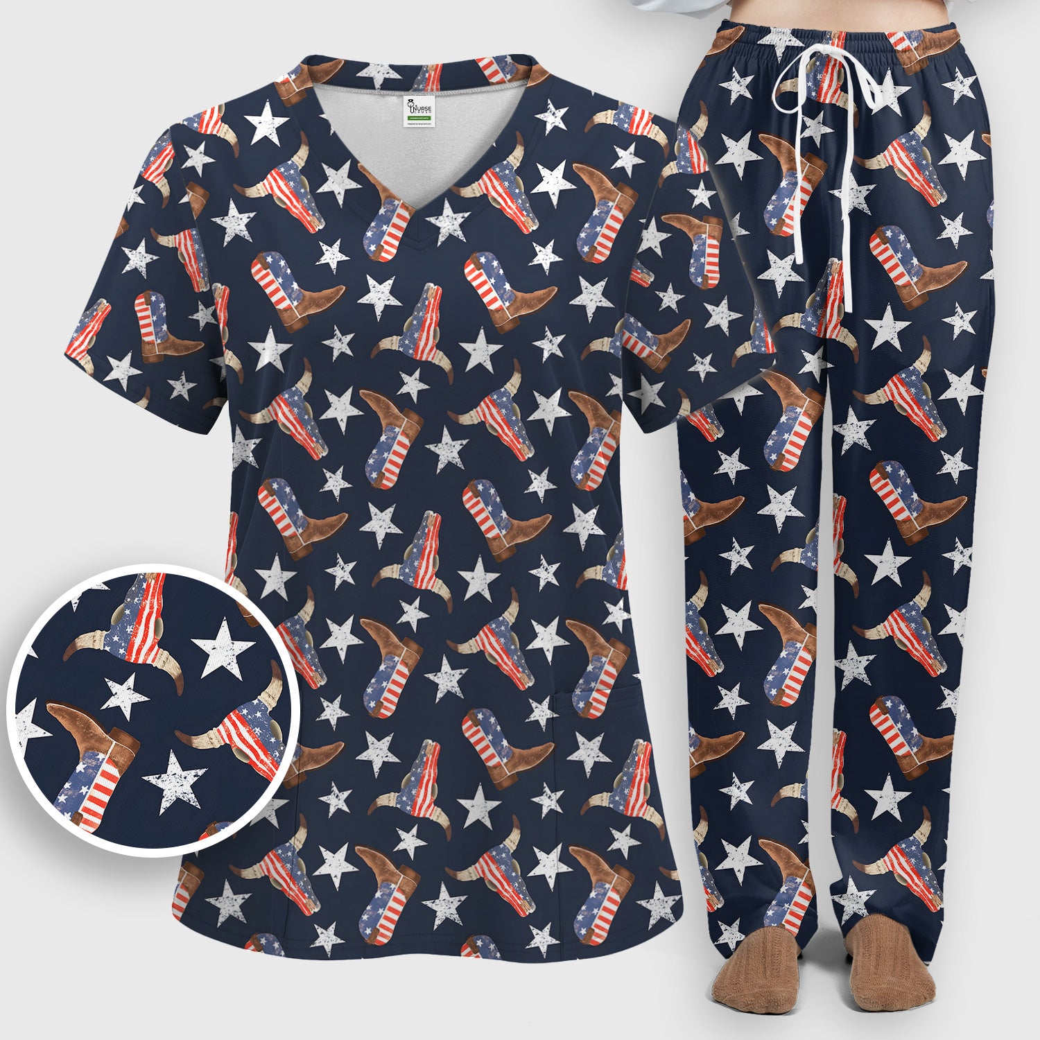 Western Boots Stars Pattern Scrub Set, Scrub Pants and V Neck Top