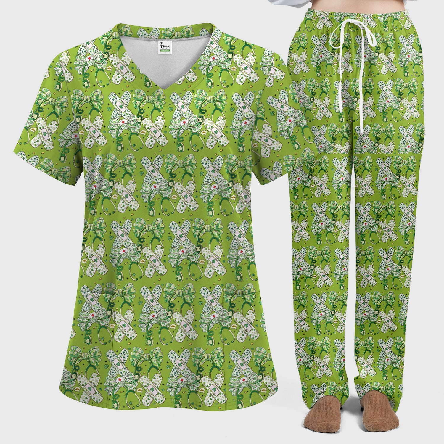 St Patrick Shamrock Stethoscope Bow Print Scrub Set, Breathable Med Uniform