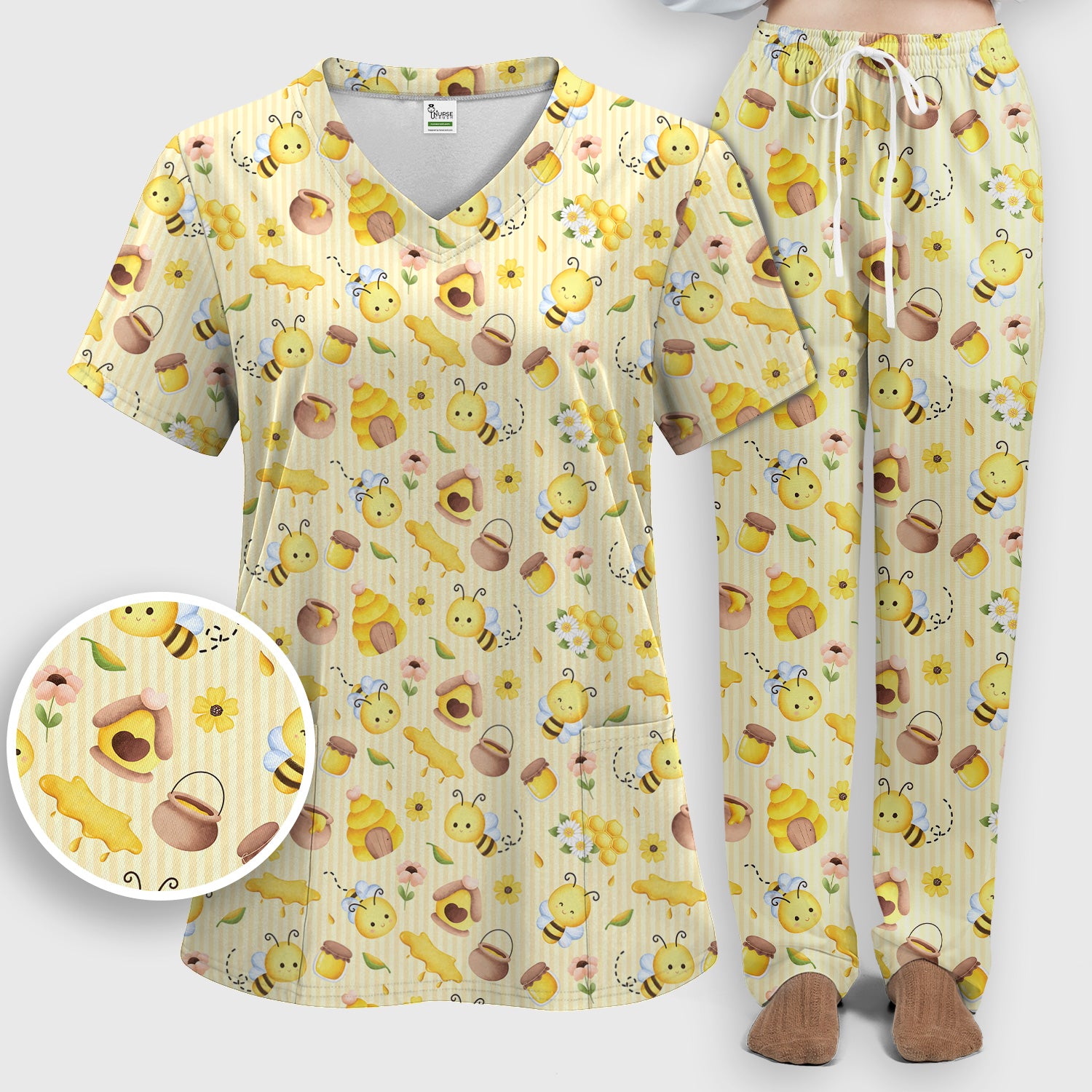 Cute Bee Honey Flower Stripe Pattern Scrub Set, Scrub Pants and V Neck Top