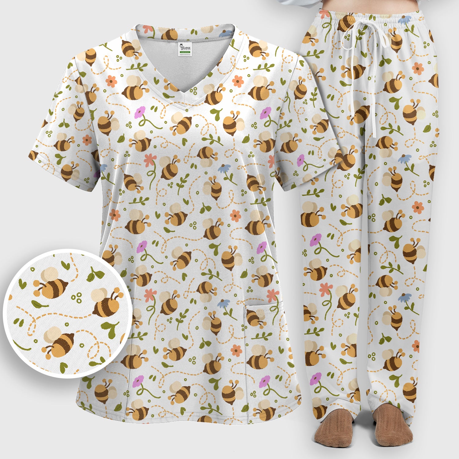 Bee Flying Floral Trail Garden Pattern Scrub Set, Scrub Pants and V Neck Top