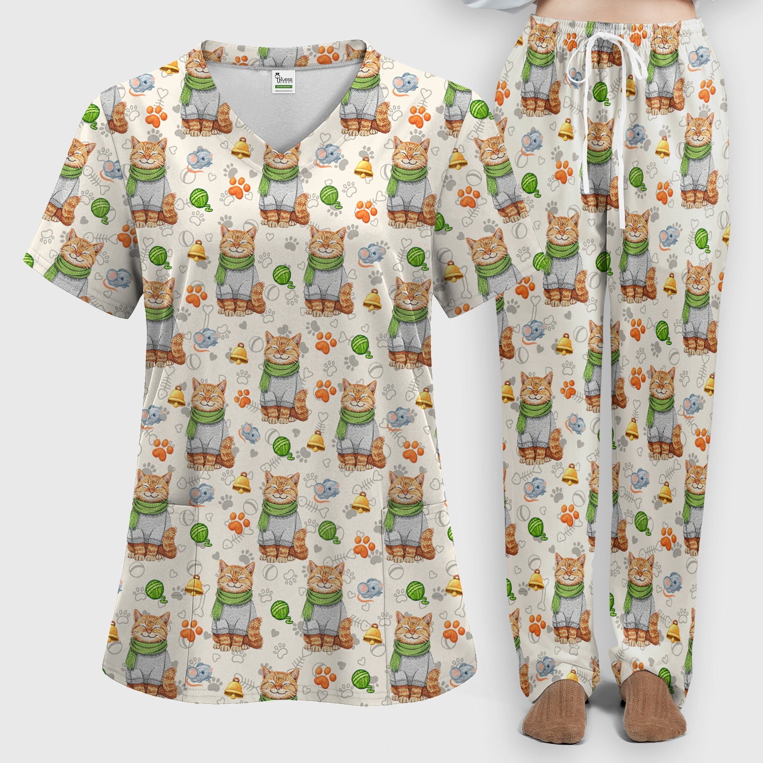 Adorable Cat Lover Nurse Scrub Set, Cute Cat Medical Pattern Shirt, Breathable Fabrics Nursing Uniform