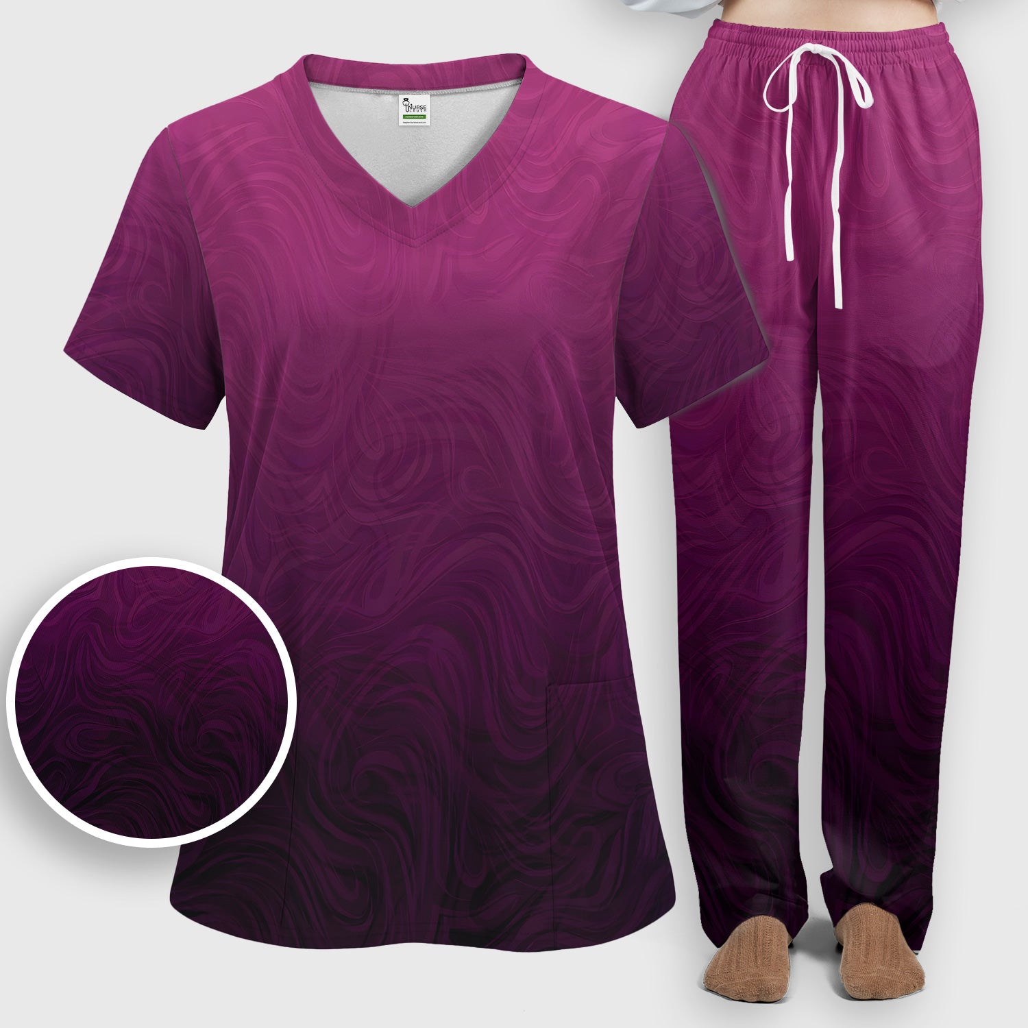 Abstract Swirl Ombre Pattern Scrub Set, Scrub Pants and V Neck Top