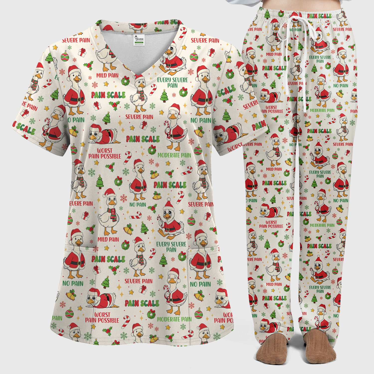 Christmas Nurse Scrub Set - Funny Goose Pain Scale Pants and V Neck Top - Cute Holiday Medical Uniform for RN LPN CNA