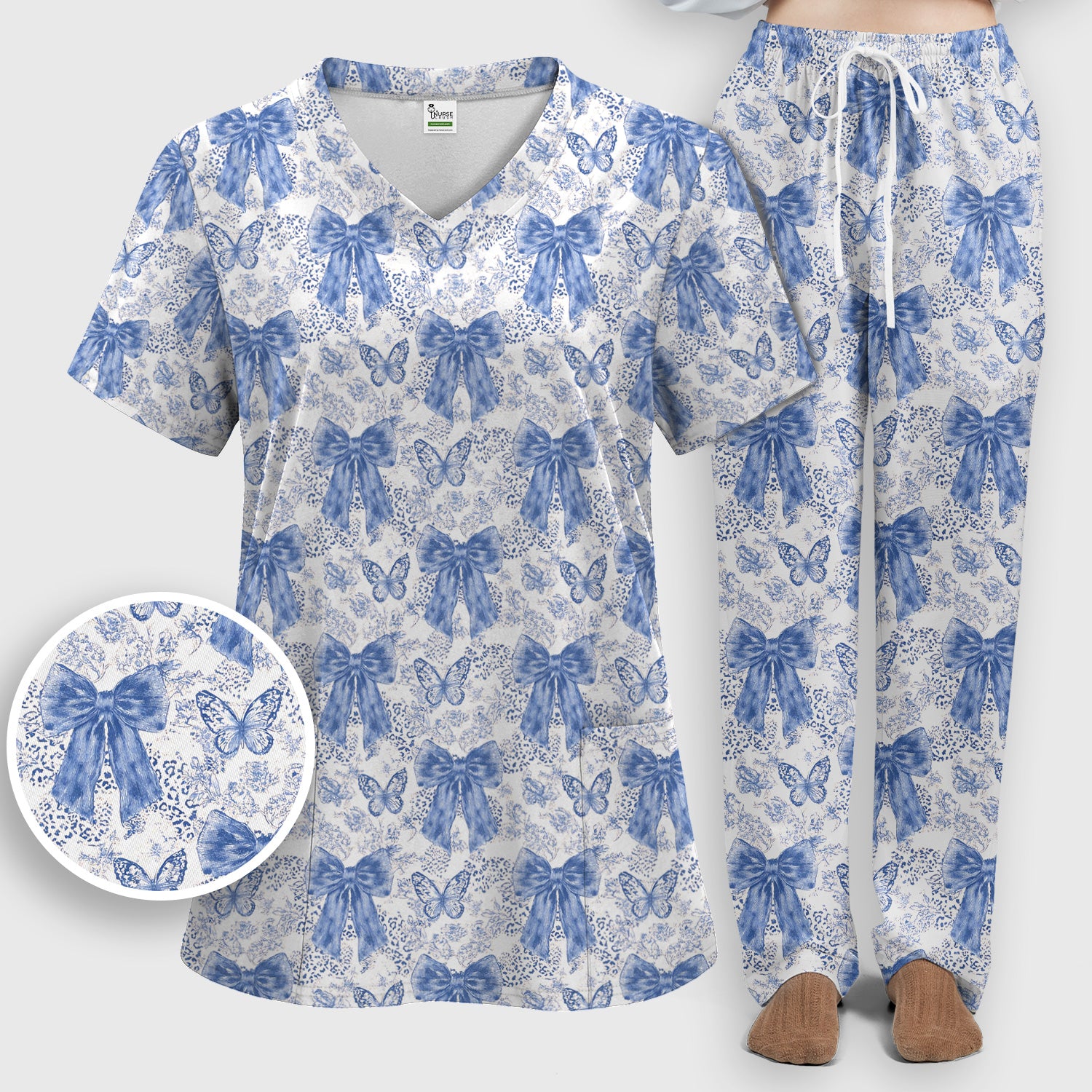 Blue Bow And Butterfly Vintage Floral Scrub Set, Scrub Pants and V Neck Top