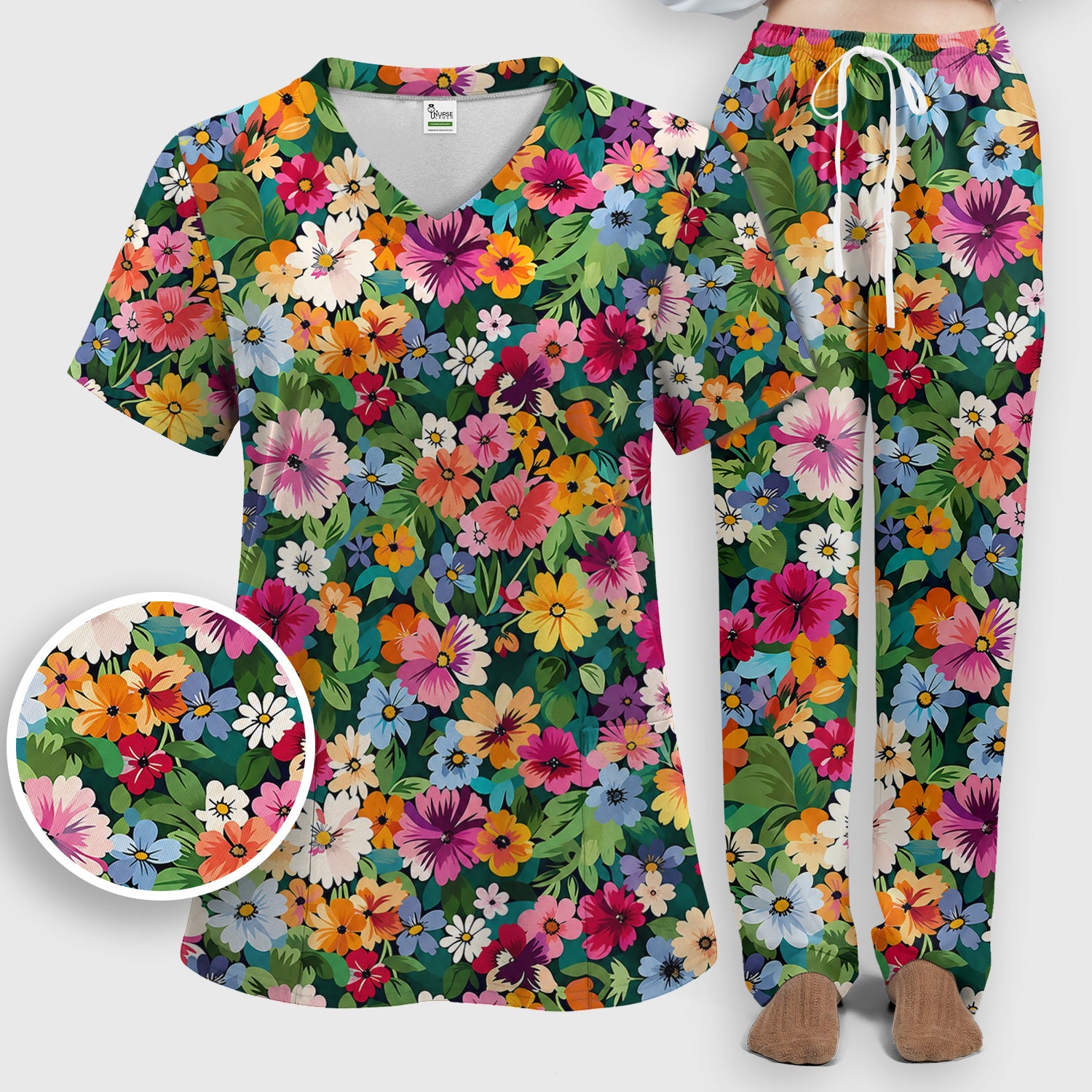 Colorful Wildflower Garden Pattern Scrub Set, Scrub Pants and V Neck Top
