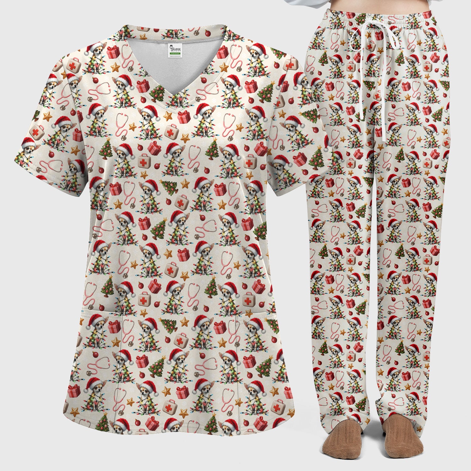 Funny Chihuahua Nurse Scrub Set, Christmas Dog Pattern Scrub With Top And Pants, Holiday Scrubs for RN, LPN, CNA, Vet Tech Gift