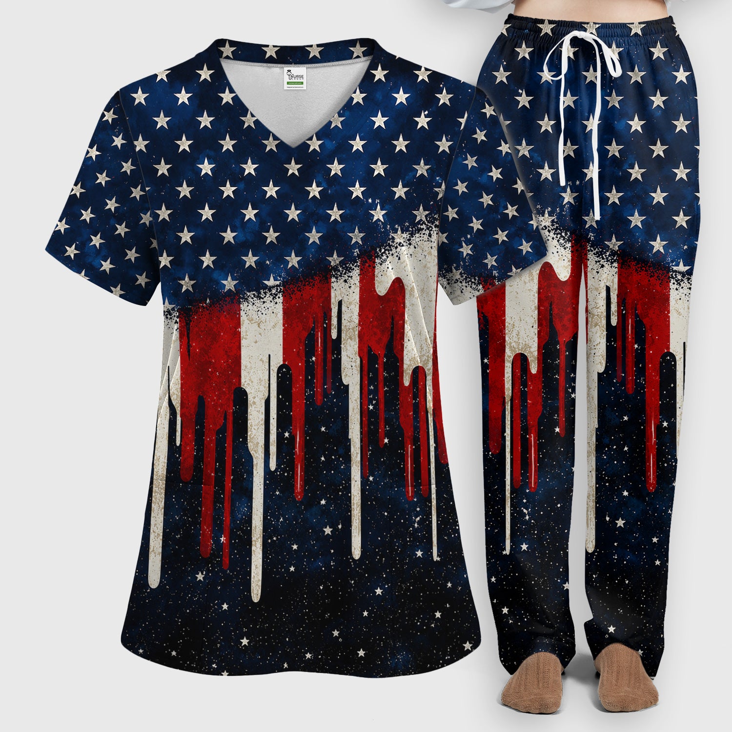 Festive Patriotic Dripping Flag Pattern Scrub Set, Scrub Pants and V Neck Top