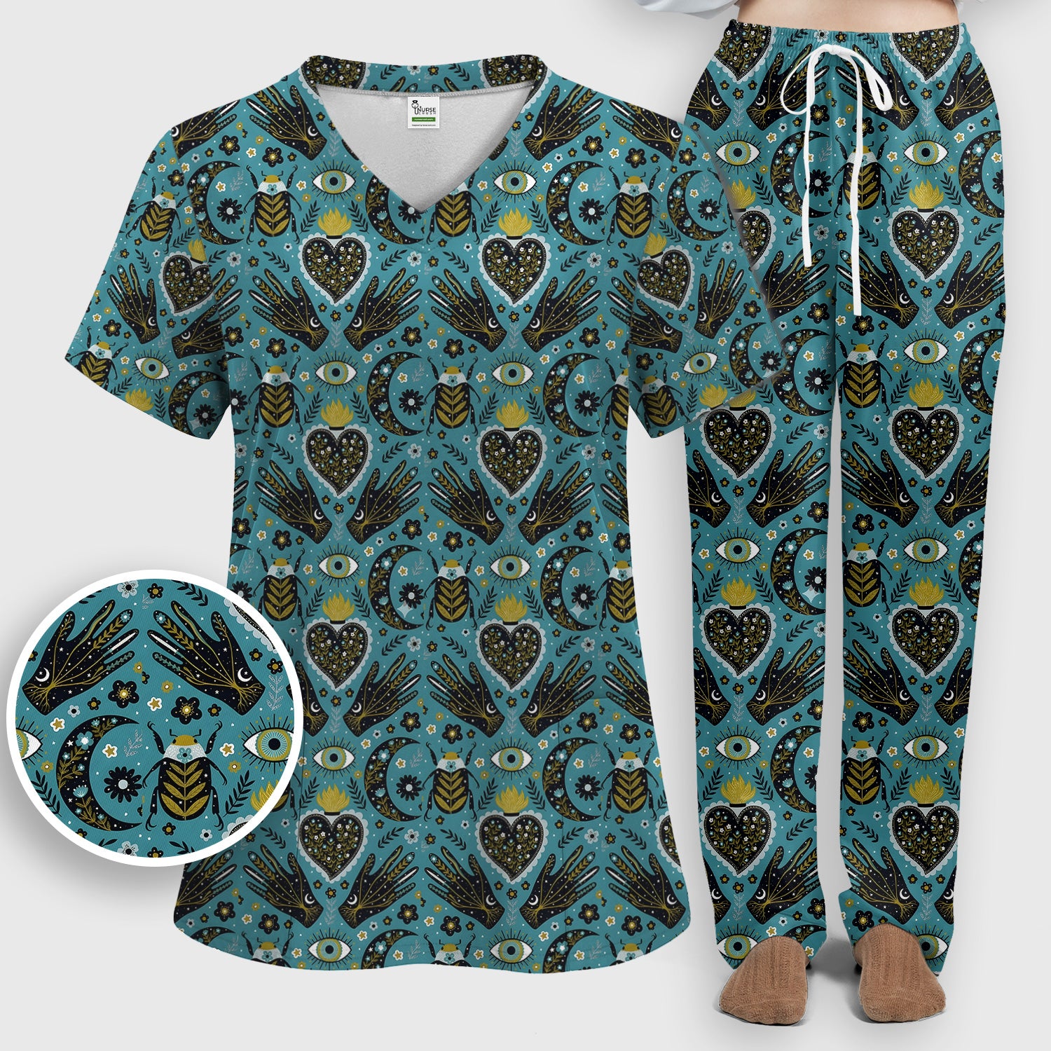 Mystic Celestial Heart & Evil Eye Pattern Scrub Set, Scrub Pants and V Neck Top