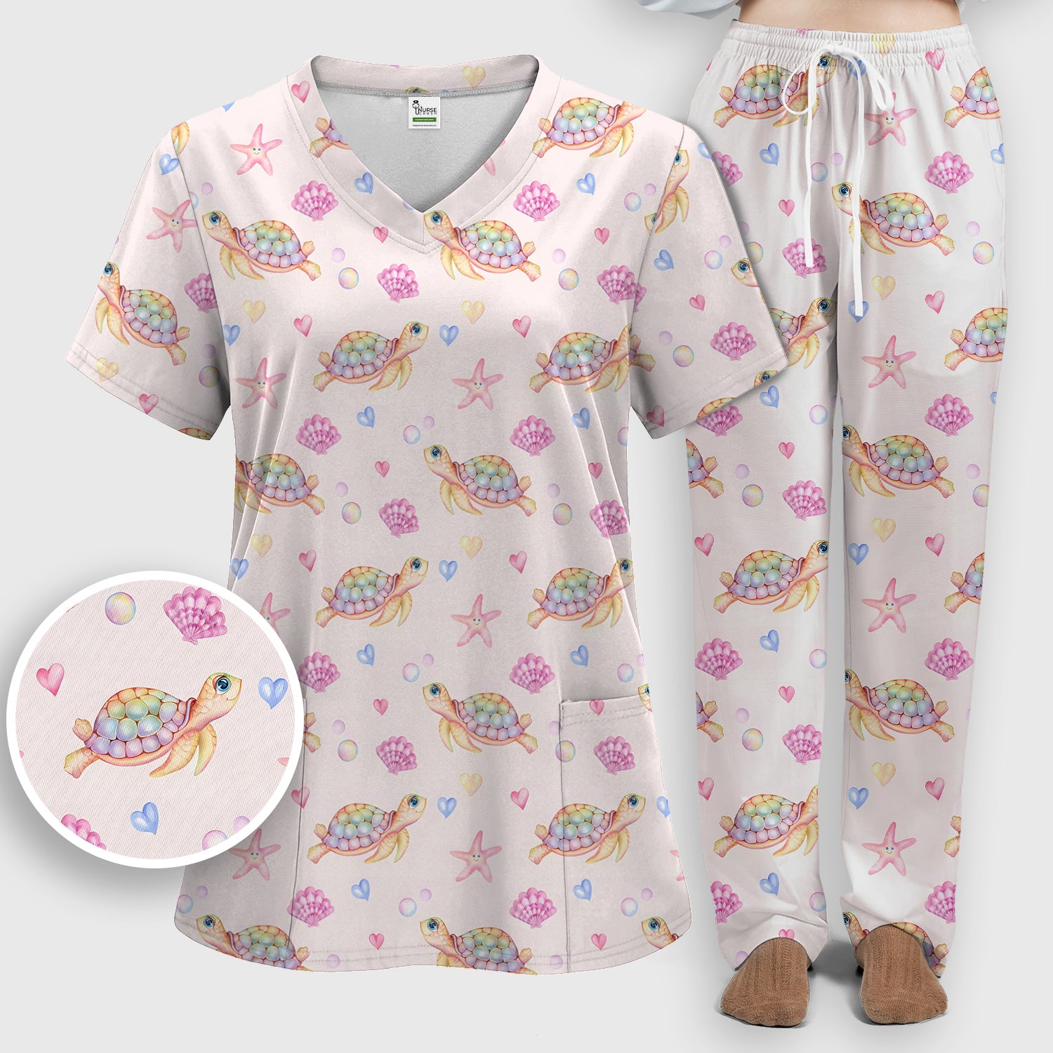 Sea Turtle Ocean Print Scrub Set, Scrub Pants and V Neck Top
