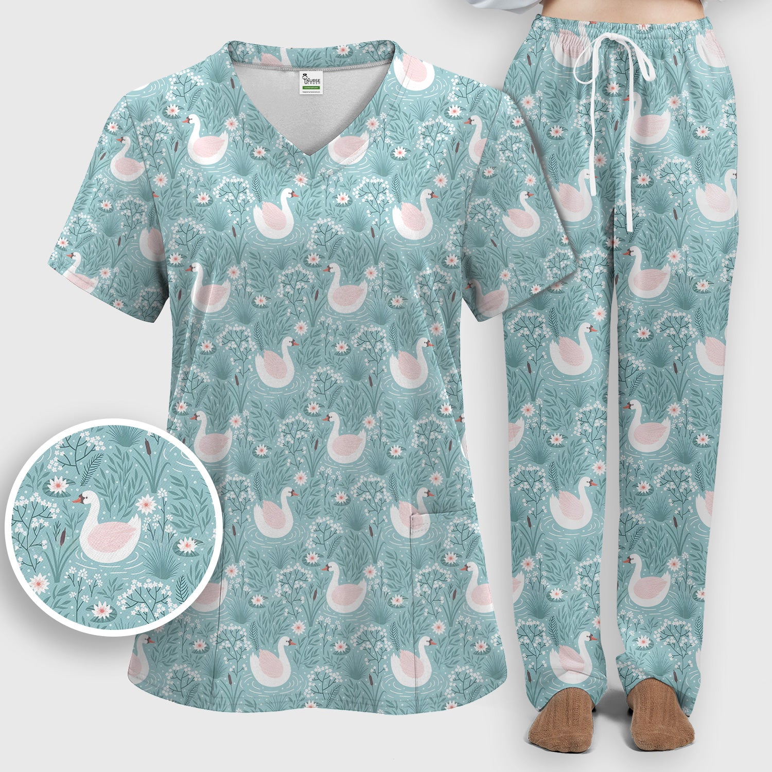Sweet Swan Waterlily Garden Pattern Scrub Set, Scrub Pants and V Neck Top