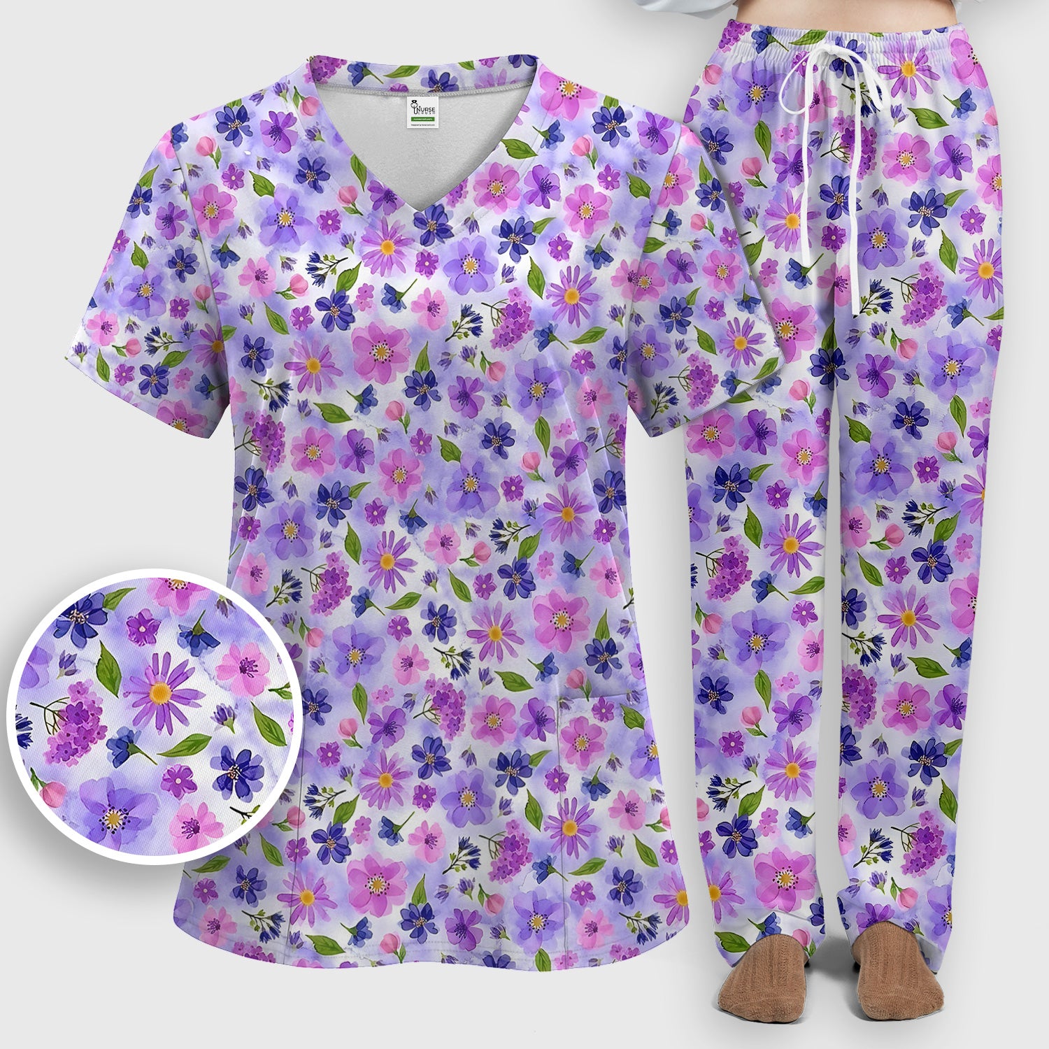 Purple Watercolor Wildflower Bloom Pattern Scrub Set, Scrub Pants and V Neck Top